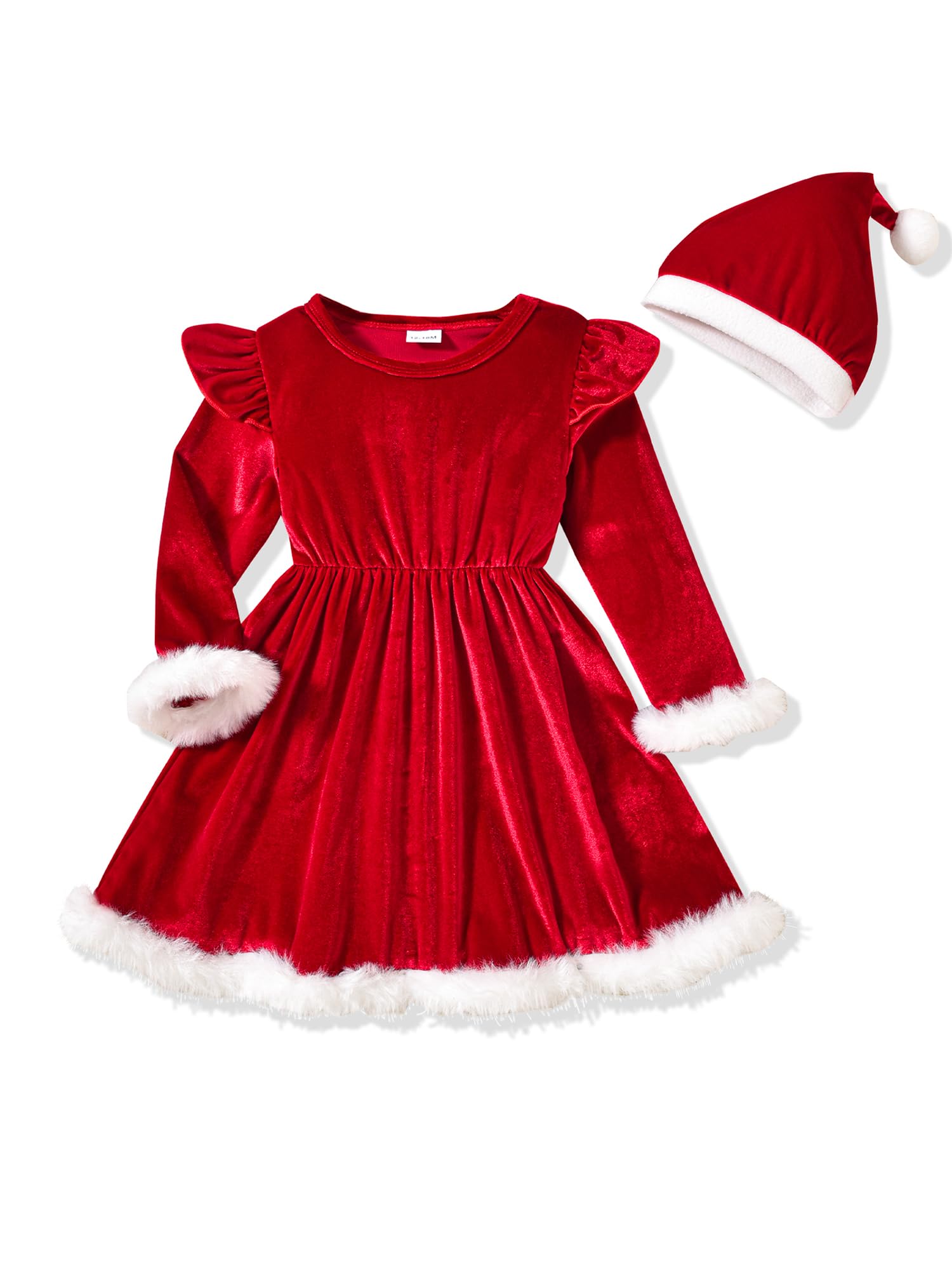 GXNRHG Traje de Navidad para niña, Vestido de Terciopelo Rojo de Manga Larga con Ribete de Rizo y Gorro de Papá Noel, Ropa de Invierno para niños pequeños