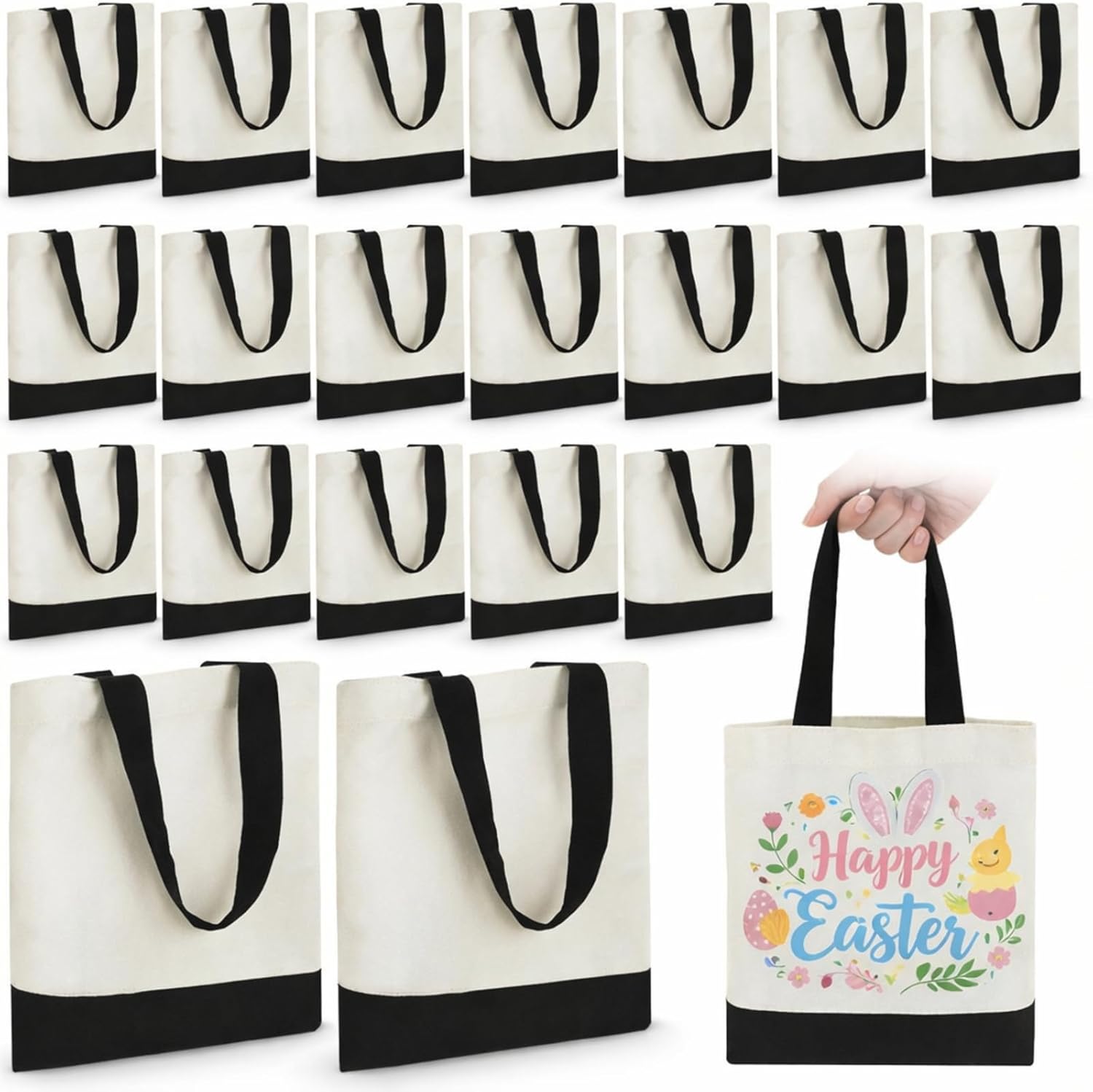 Amylove 24 Pcs Mini Tote Bag Sublimation Blank Canvas Tote Bags Reusable for Grocery Shopping, DIY, Easter Party Favor Gift Bags (8.5 x 8 Inch,White with Black Handle)
