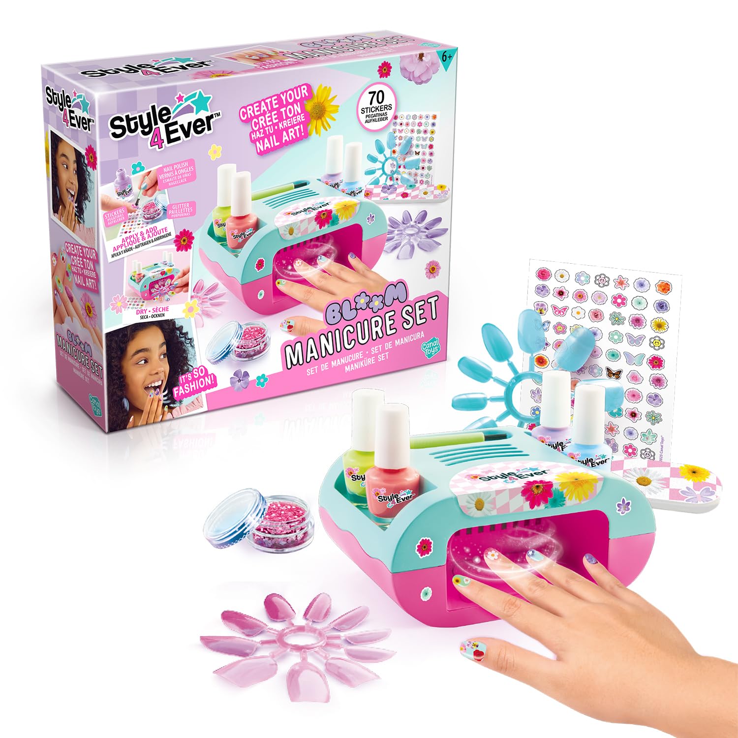 Canal Toys Style 4 Ever – Set de Manucure Bloom – 4 Vernis, Séchoir à Ongles, Faux Ongles, Paillettes et Stickers – Kit Créatif Nail Art Enfant 8+ Ans- Idée Cadeau Beauté – OFG364
