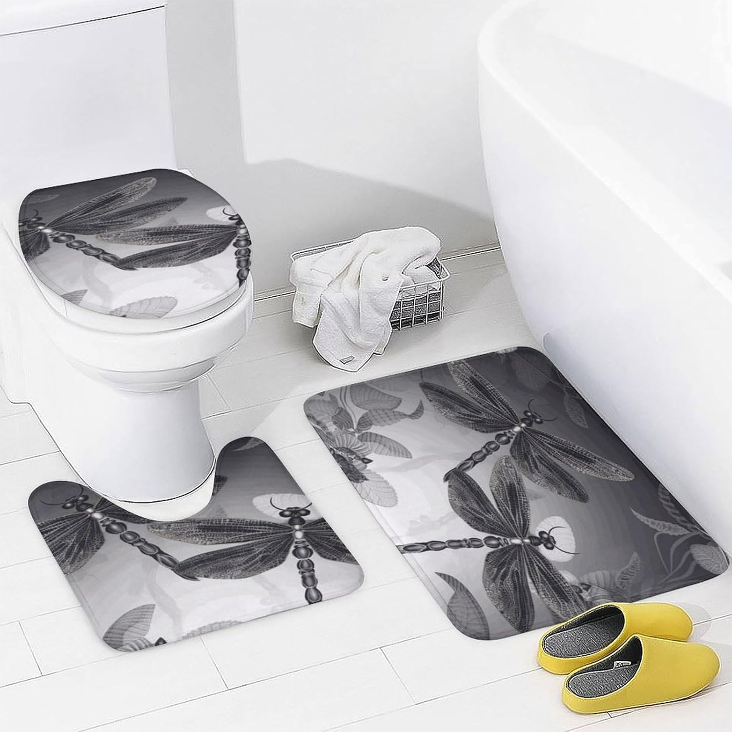 Dragonflies Grey 4Pcs Shower Curtain Set with Non-Slip Rugs, Toilet Lid Cover and Bath Mat,Bathroom Set Decor Accessories,Curtain Set with 12 Hooks, 72 X 72 Inch