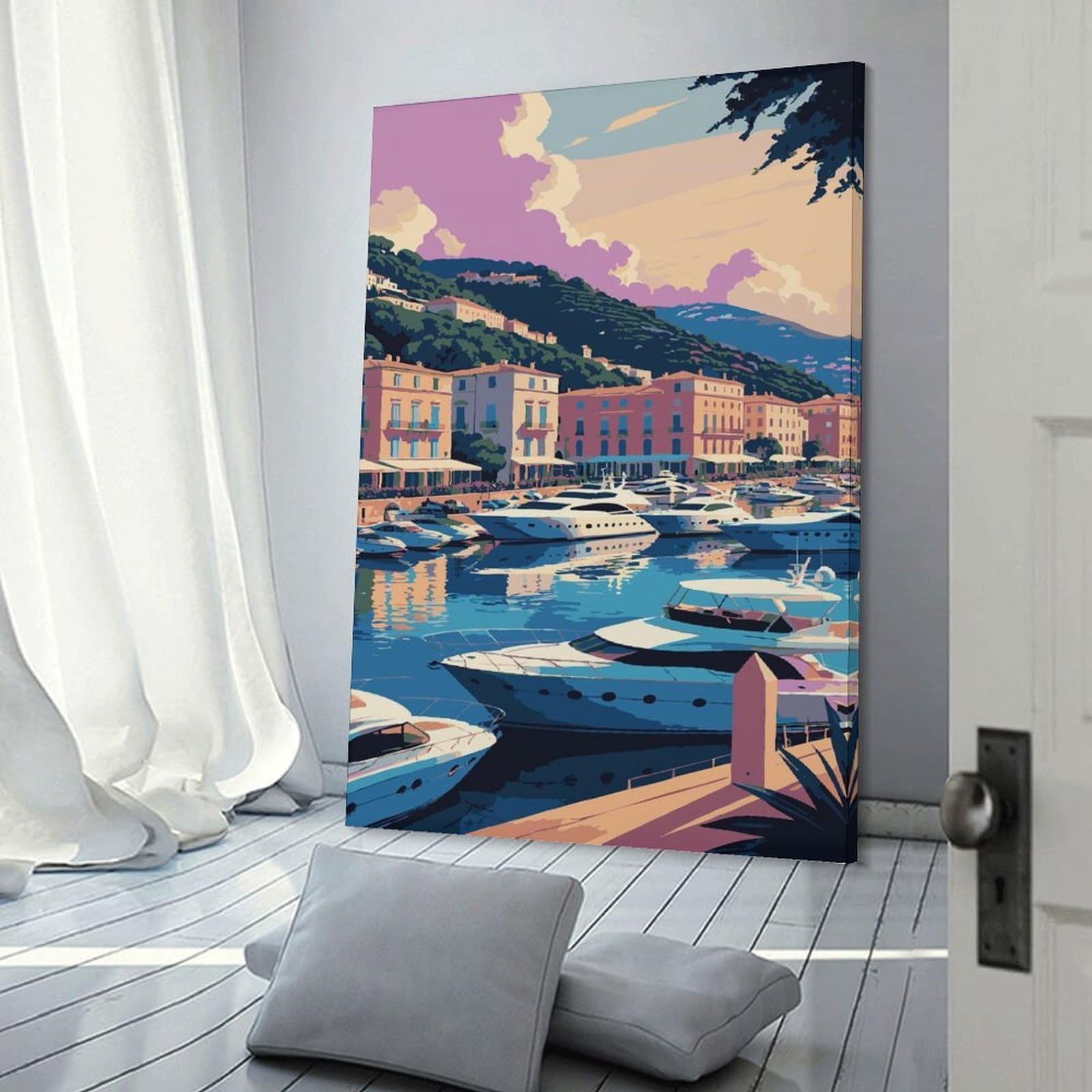 Junmoney Coastal Cityscape with Yachts And Buildings Hanging Wall Art 20x30inch(50x75cm), for Small Homes, Bedrooms Or Open Spaces, Decorative Canvas Decor for Home Updates