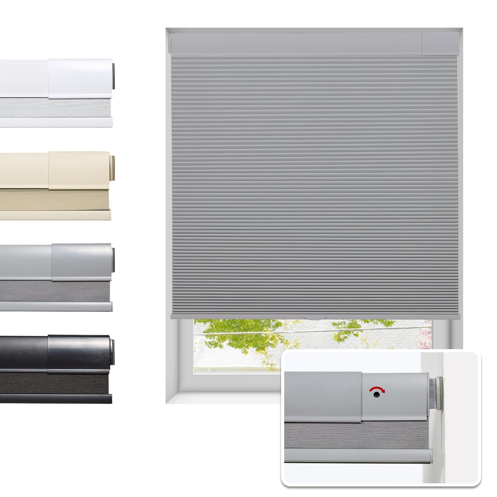 No Drill Cellular Shades for Indoor Windows, Thermal Insulating & Noise Reducing Honeycomb Blinds, Free Stop Cordless Blackout Shades, Grey, 22" W x 64" H