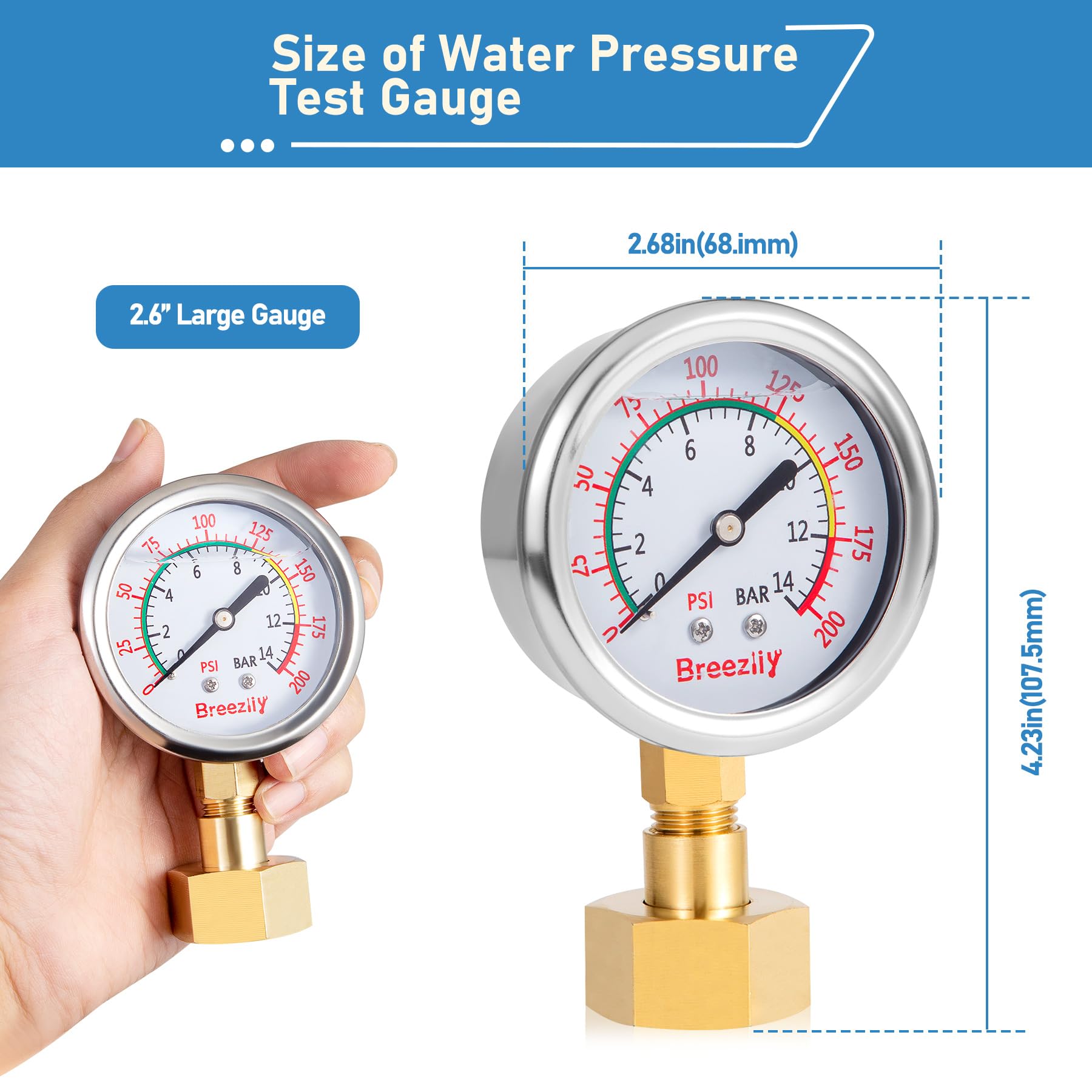 Manómetro para prueba de agua, esfera de 2,5", 0-200 PSI/0-1,4 MPA, relleno de glicerina líquida, rosca NPT de 1/4", con adaptador de 1/4 a 3/4 (móvil y flexible), para pruebas de presión de agua, a