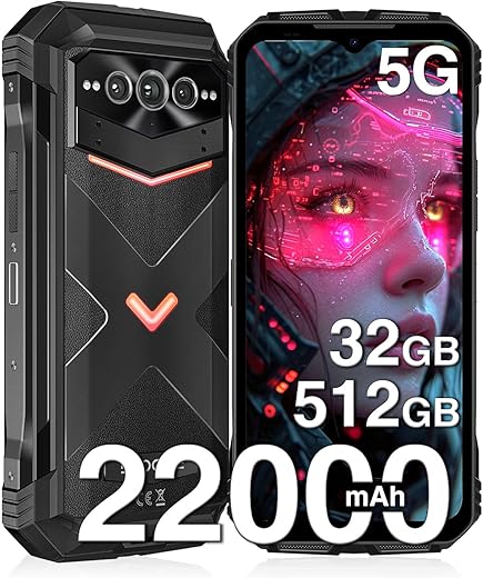 DOOGEE V Max Pro 5G Rugged Smartphone,22000mAh 32GB+512GB/TF 2TB Rugged Phone Unlocked Android 14,108MP+20MP Rugged Cell Phone,6.58" FHD+120Hz IPS Screen,IP68/IP69K Waterproof Phone,NFC/Face ID/WIFi 6