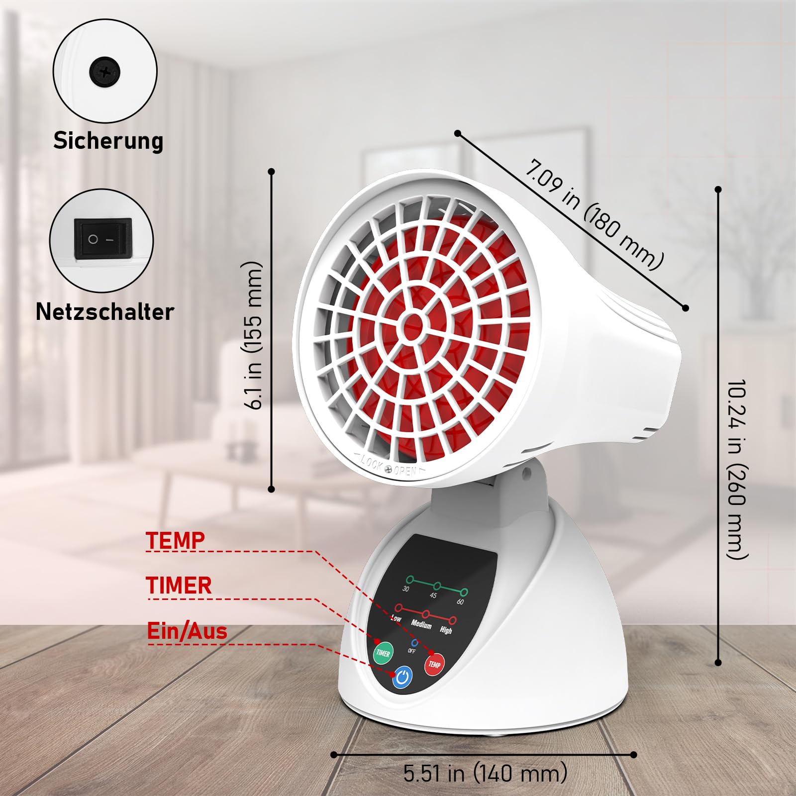 Rotlichtlampe 150W, Infrarotlampe mit 3 Temperaturstufen, 30/45/60 Min Timer, Winkelverstellbar, Kippschutz mit Automatischer Abschaltung für Büro & Zuhause