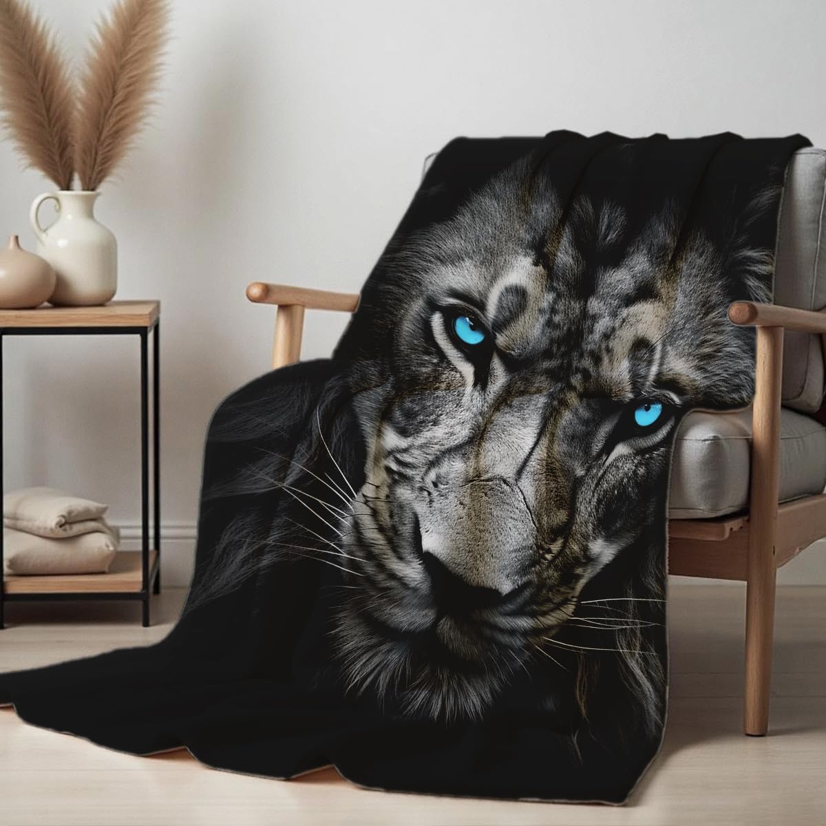 Printed Bed Blanket Black and Blue Wild Animal Throw Lion Flannel Blankets Queen Size Blankets for Men Boy Bed Sofa Office Chair Blanket (59"x78")
