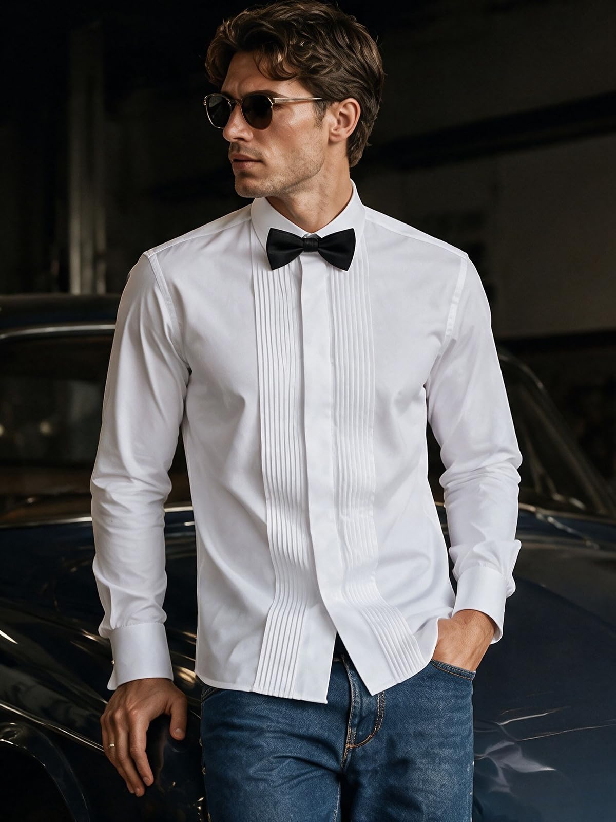 Herren-Smokinghemd, Flügelkragen, Frontfalte, französische Manschetten mit 2 Fliegen, Button-Down-Shirt