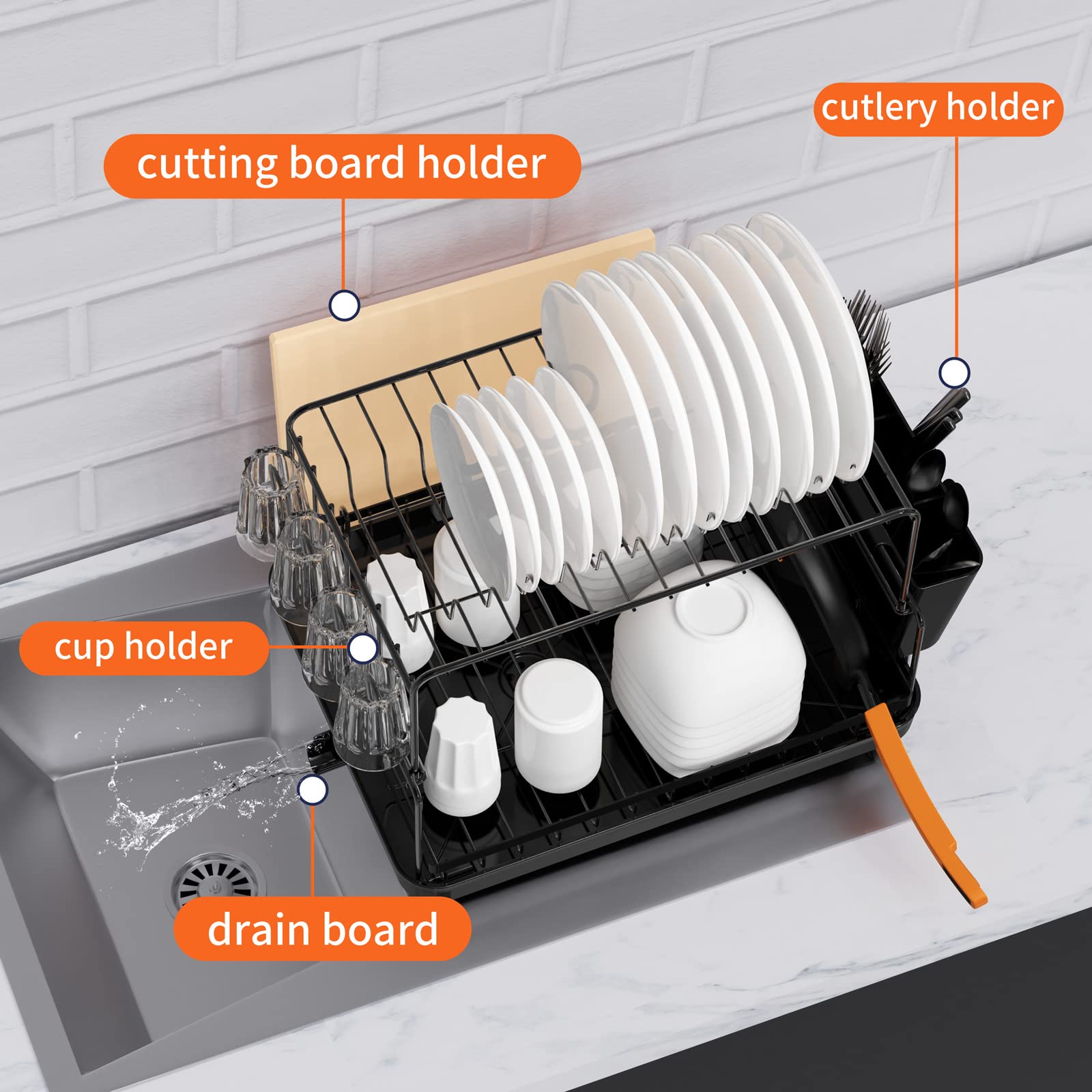 IARTOPS 2-Tier Dish Drying Rack, Space-Saving Dish Rack for Kitchen Counter, Detachable Dish Strainer with Drainboard, Stainless Steel Dish Drainer with Glass Holder, Utensil Holder