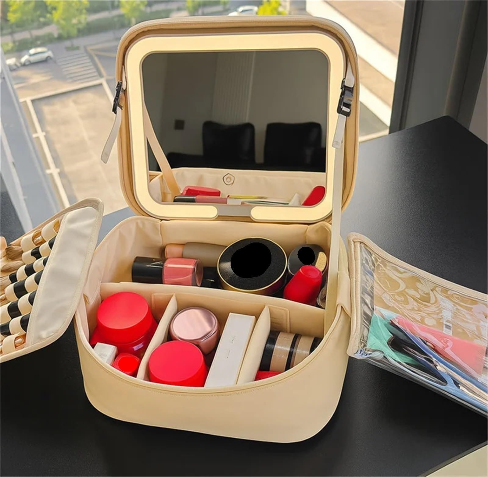 Borsa for Il Trucco per i Viaggi | Organizzatore di strumenti cosmetici for trucco in pelle PU con specchio(Beige White)