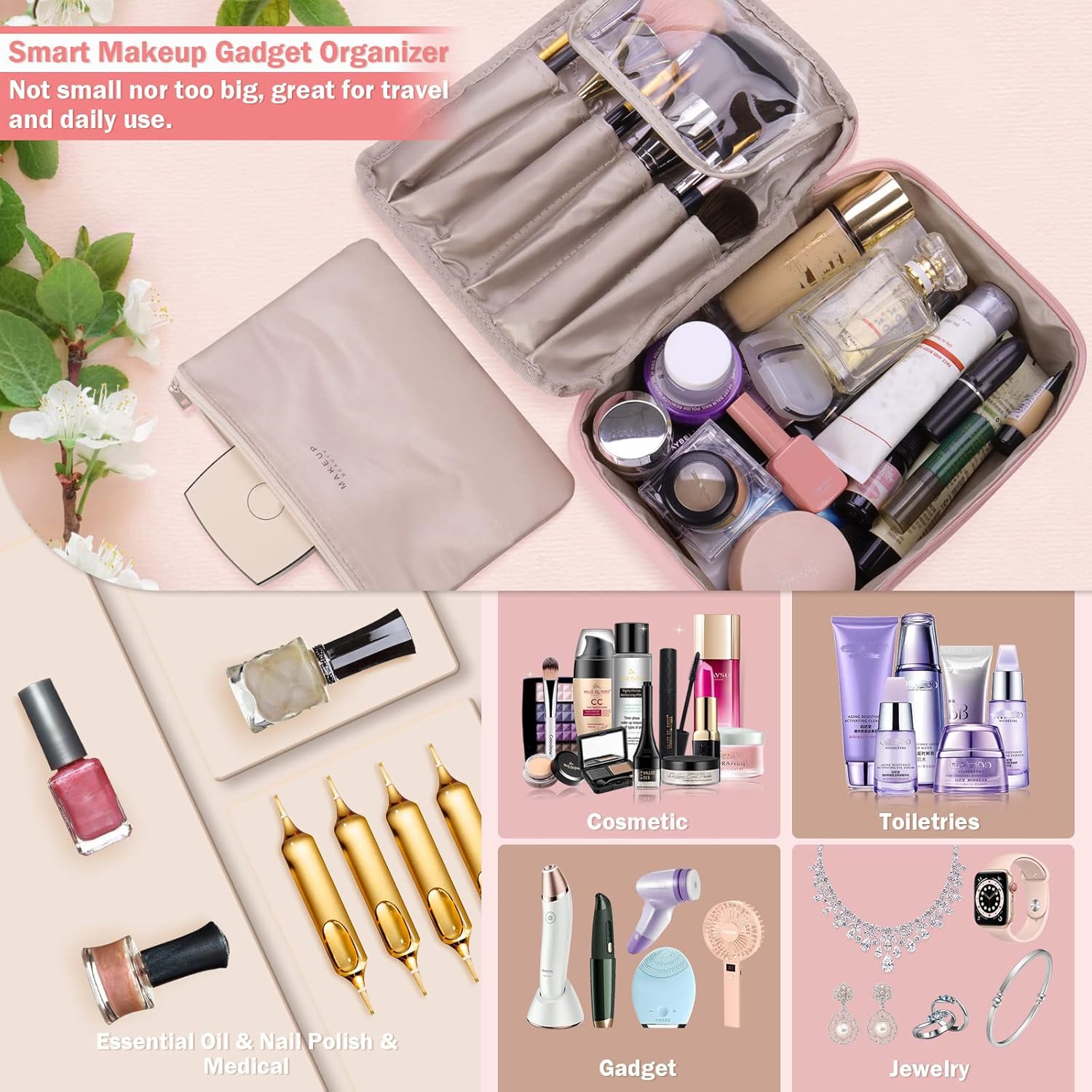 Travel Makeup Bag [with Brushes Holder & Detachable Pouch] Cosmetic Bag Large Capacity Waterproof Makeup Case Storage Organiser for Women & Girls (Pink) — view 2