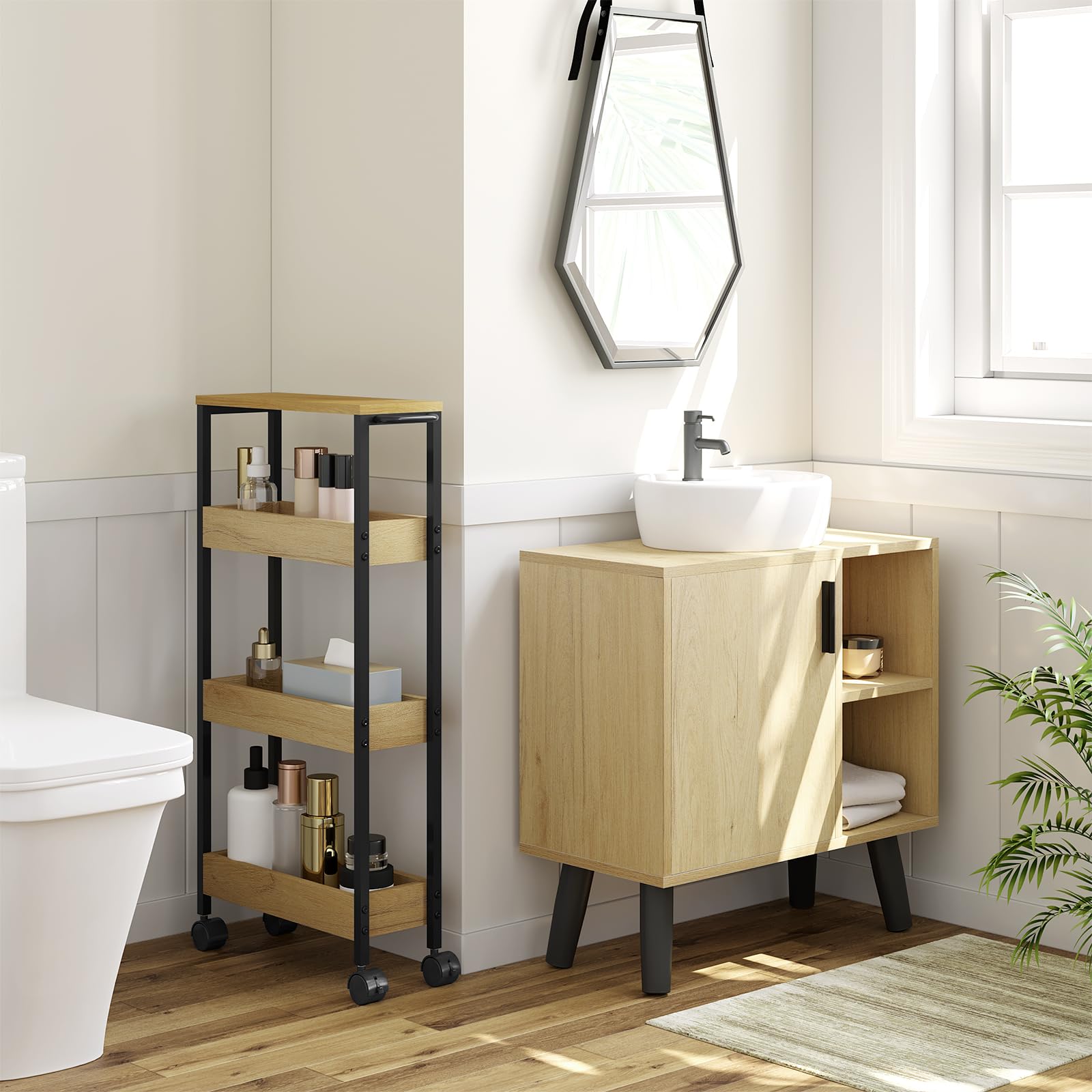 EUGAD Estanteria de Baño de 4 Niveles, Carrito con Ruedas para Baño, Carro de Almacenamiento de Baño, Carrito Estrecho con 2 Frenos, Armazón Metálico, 40x15x82 cm, Ngero+Roble Calro