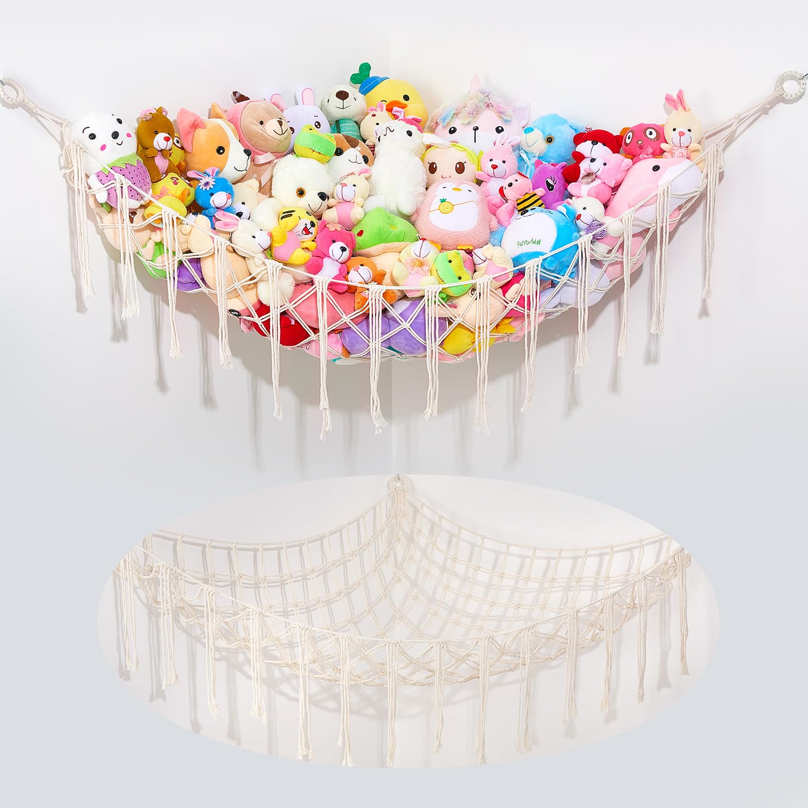 MHJY Toy Storage Hammock for Stuffed Animals Soft Cuddly Plush Toys Macrame Net Large Corner Wall Hanging Organizer Holder for Kids Nursery Bedroom