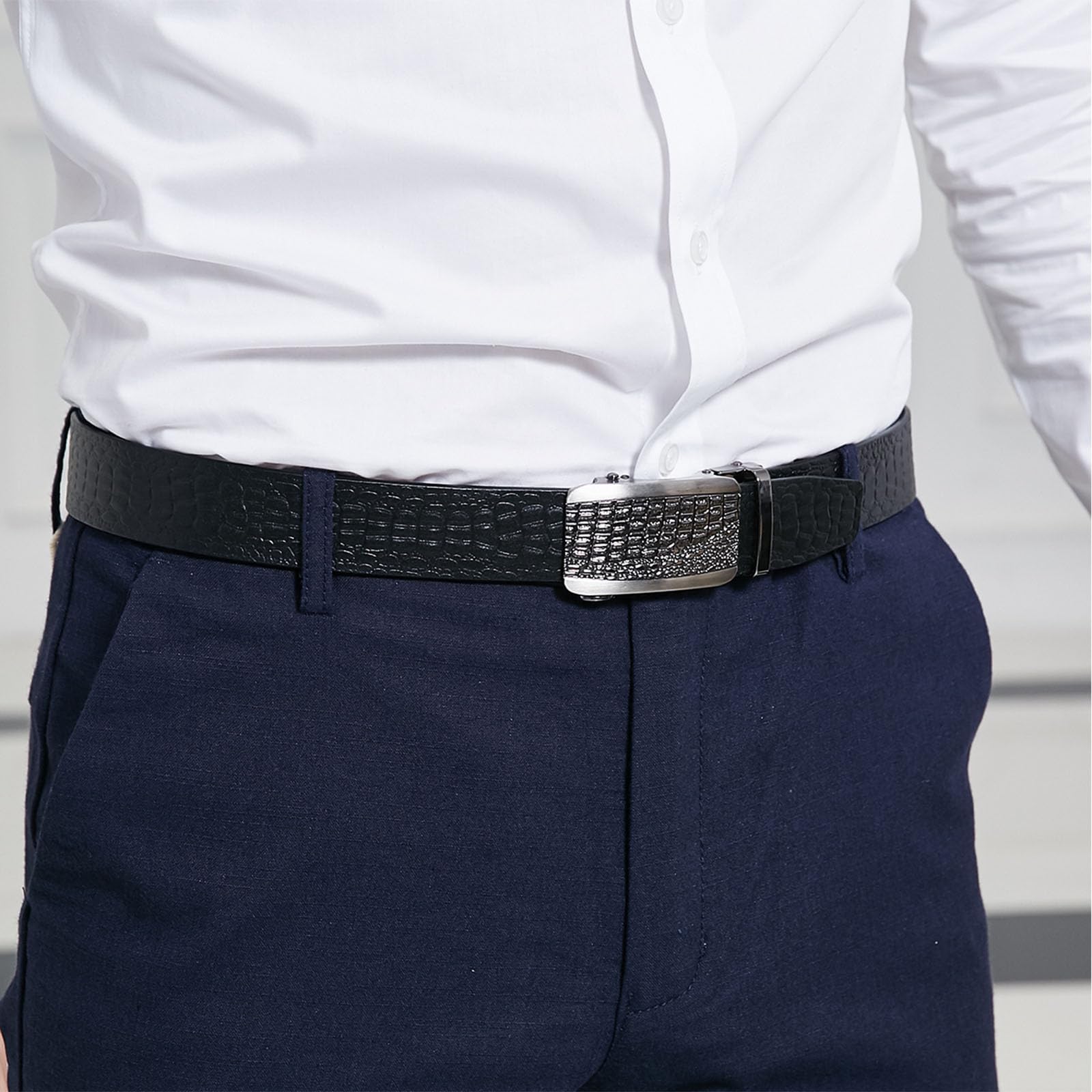 Cinturones Hombre Trinquete, Cinturones de Cuero Genuino Ajustable Negocio, Cinturón Lujo Casual Moda con Hebilla Metal Automática Grabada 3D en Aleación,Negro,120CM/47.3''