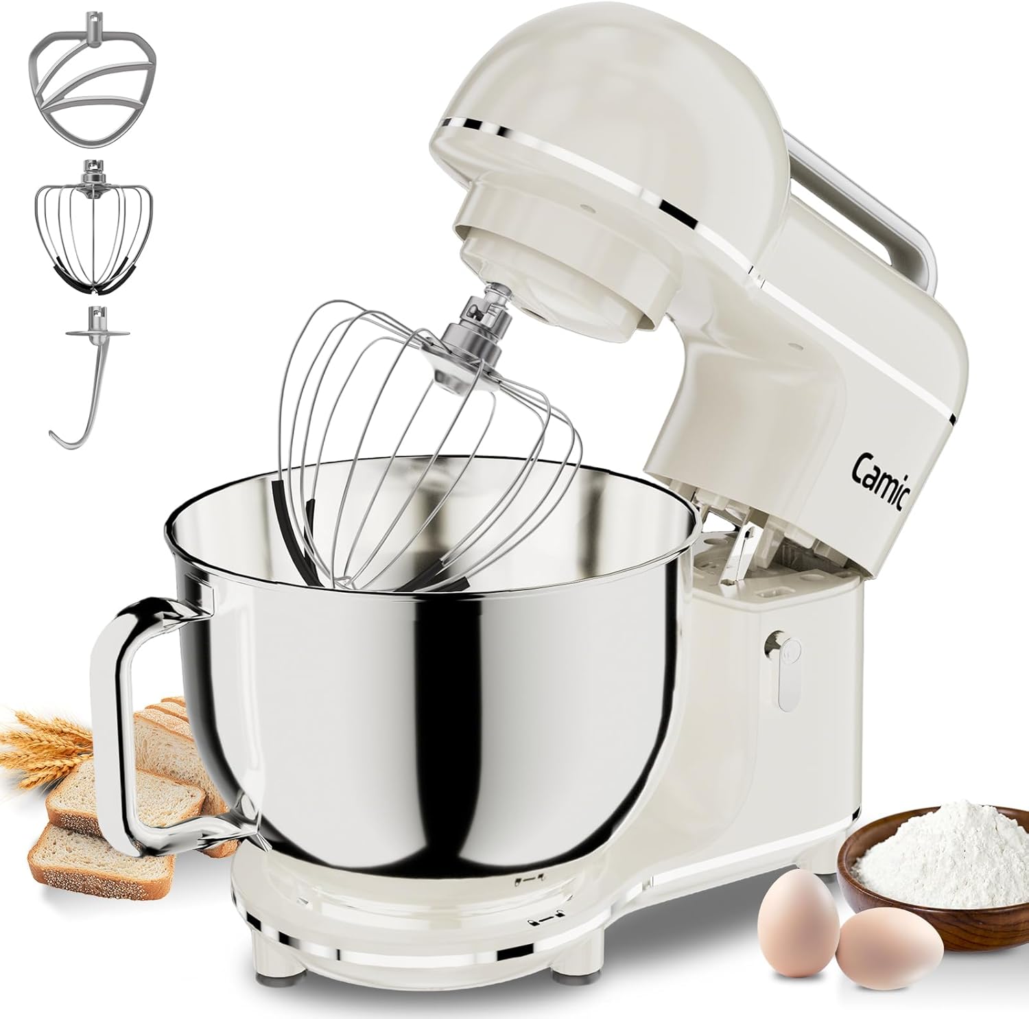 Camic Electric Stand Mixer,7.45 QT,10 Speeds with Dough Hook,Whisk, Flat Beater Attachments, Splash Guard, Easy-Carry Top Handle,3-IN-1 Kitchen Mixer for Baking Cakes Cookie Bread Salad (White)