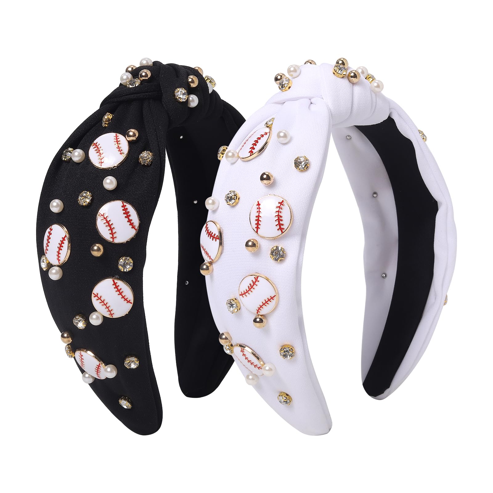 Fishdown Baseball Headband for Women Crystal Pearl Knotted Headband