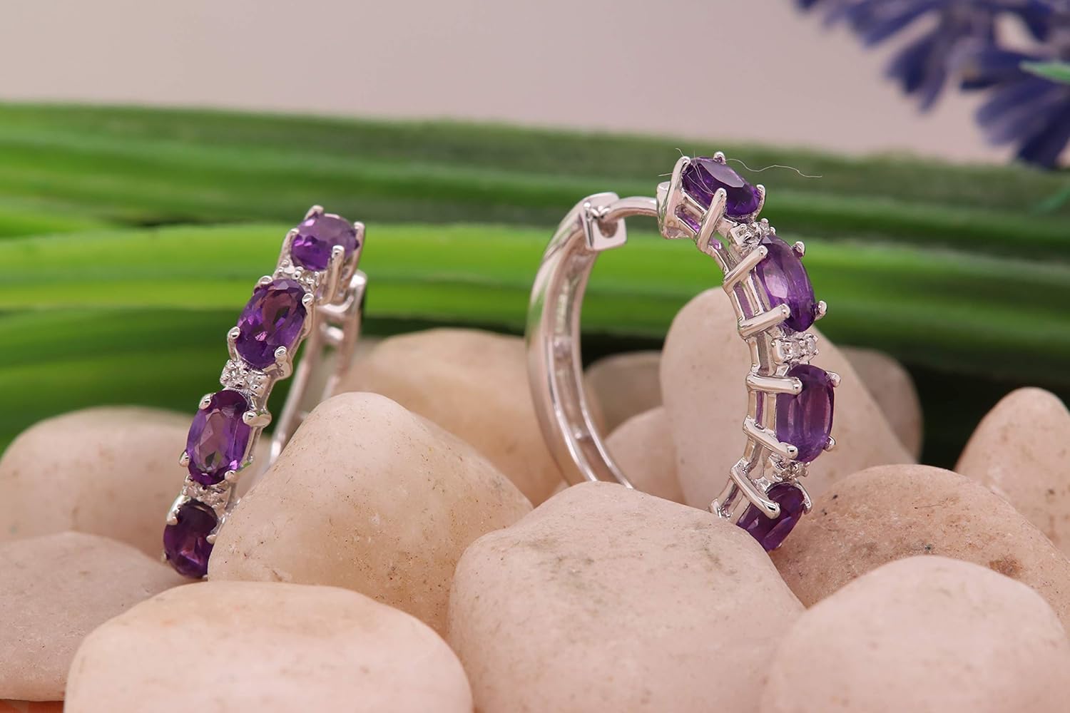 Dazzlingrock Collection 5X3 MM Each Oval Gemstone & Round White Natural Diamond Ladies Hoop Earrings, Sterling Silver