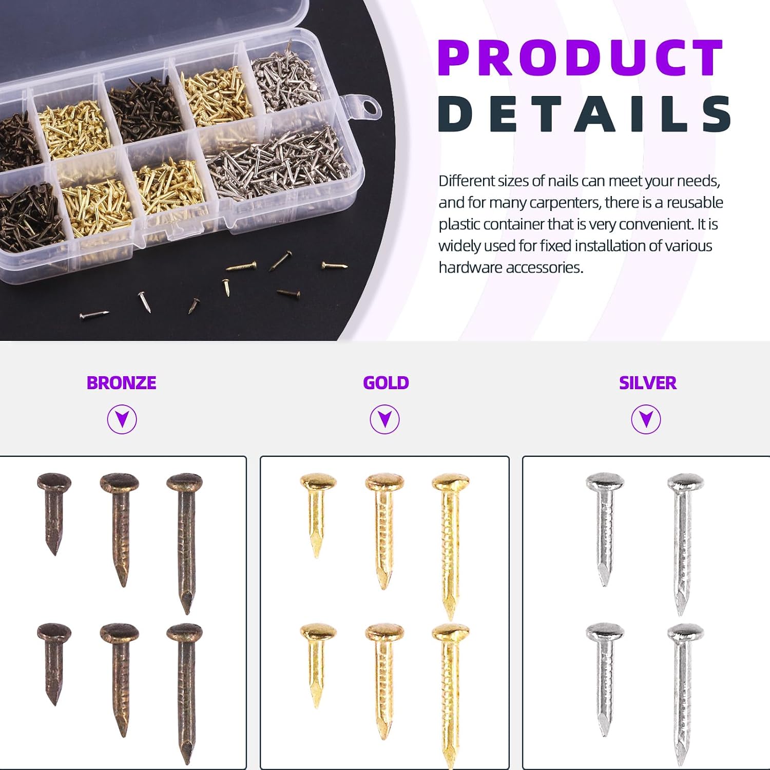 Swpeet 1600 Pcs 3 Colors 6mm 8mm 10mm Small Hardware Tiny Wooden Screws Assortment Kit, Mini Nails Gold Silver Bronze Common Nails Boxed for DIY Decorative