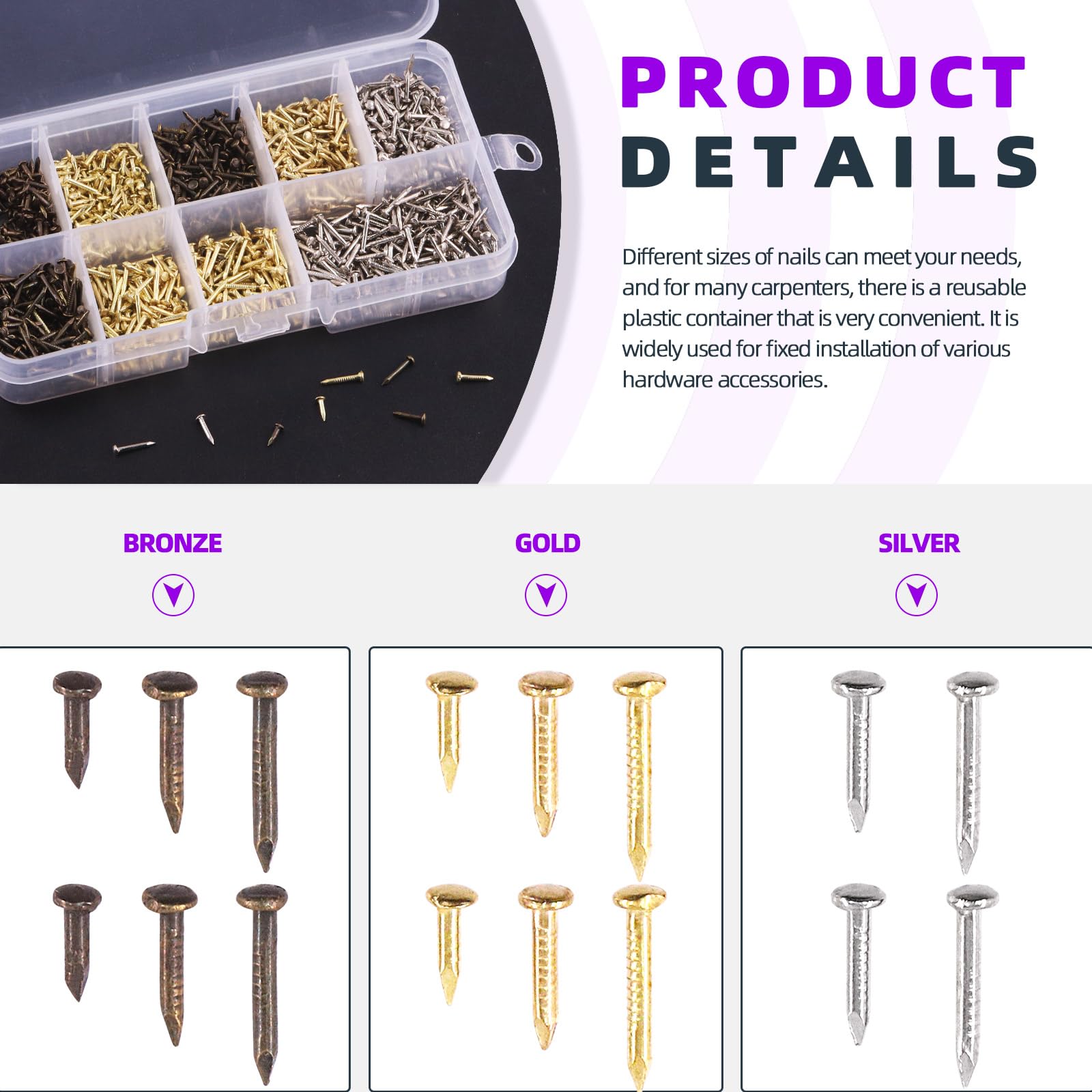 Swpeet 1600Pcs 6/8/10mm 3 Colors Small Copper-plated Hardware Tiny Screws/Nails Kit Including Gold Silver Bronze Boxed Tiny Wooden Screws Mini Nails for Compact Antique DIY Decorative Box Accessories - Image 4