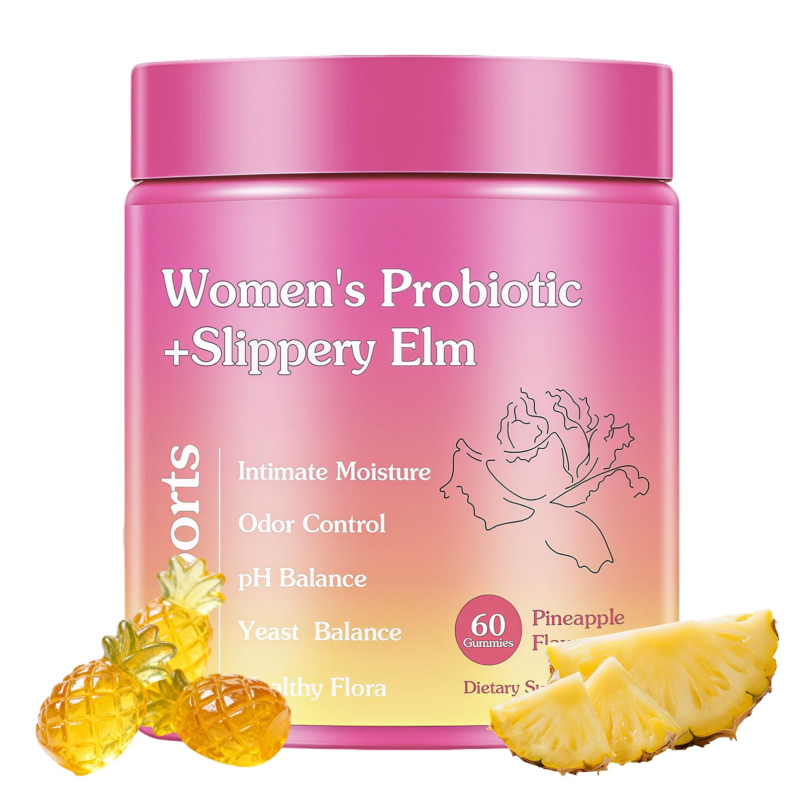 Her Juicy Feminine Probiotics Gummies, Premium Feminine Balance Probiotics with Slippery Elm, probiotics for Women Gummies, Supports pH Balance, Vegan, Gluten Free | 60 Pineapple Gummies