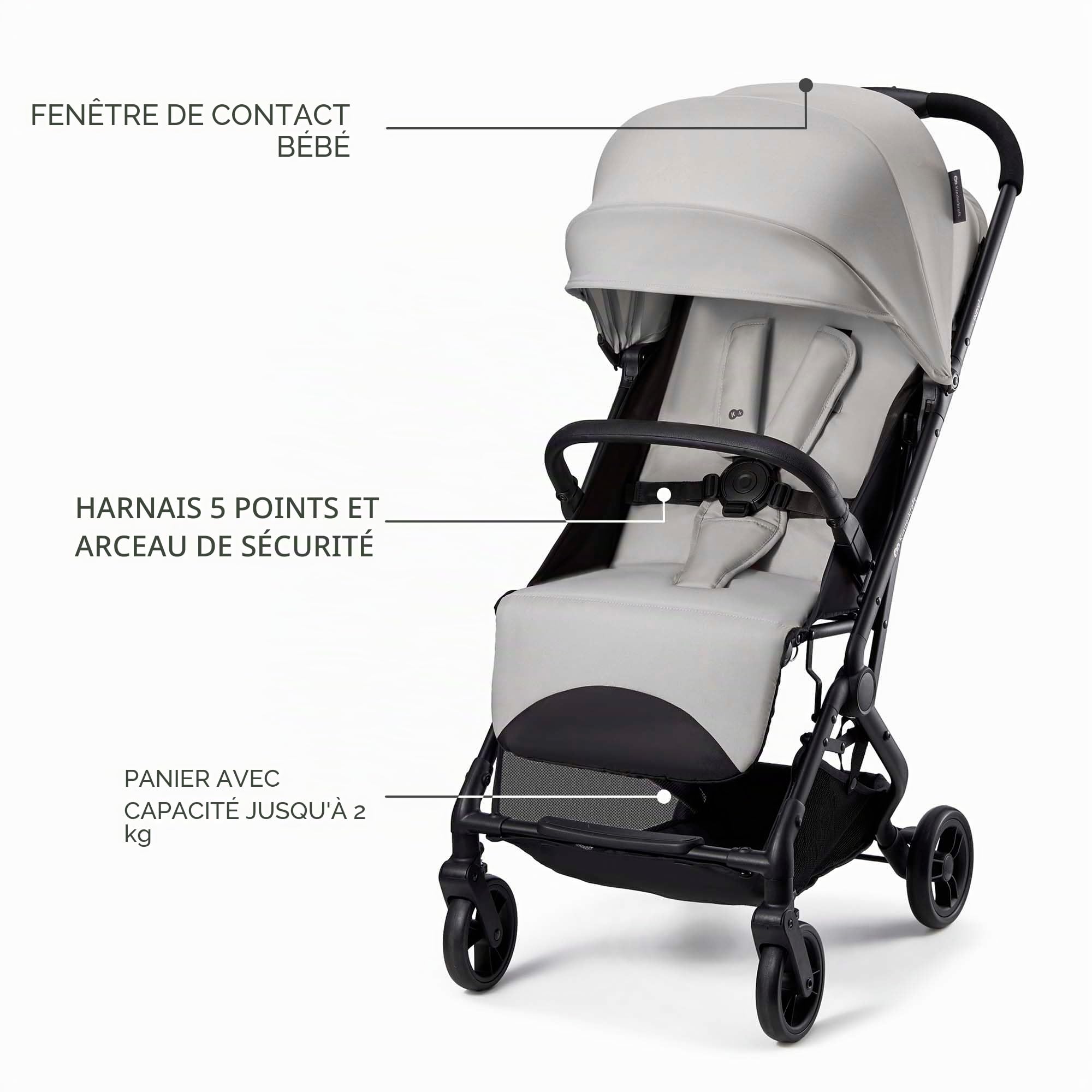 Kinderkraft INDY 3 poussette canne légère et compacte dès la naissance, pliage une main CLICK & FOLD, jusqu’à 15 kg, urbaine, dossier inclinable, harnais 5 points, Gris