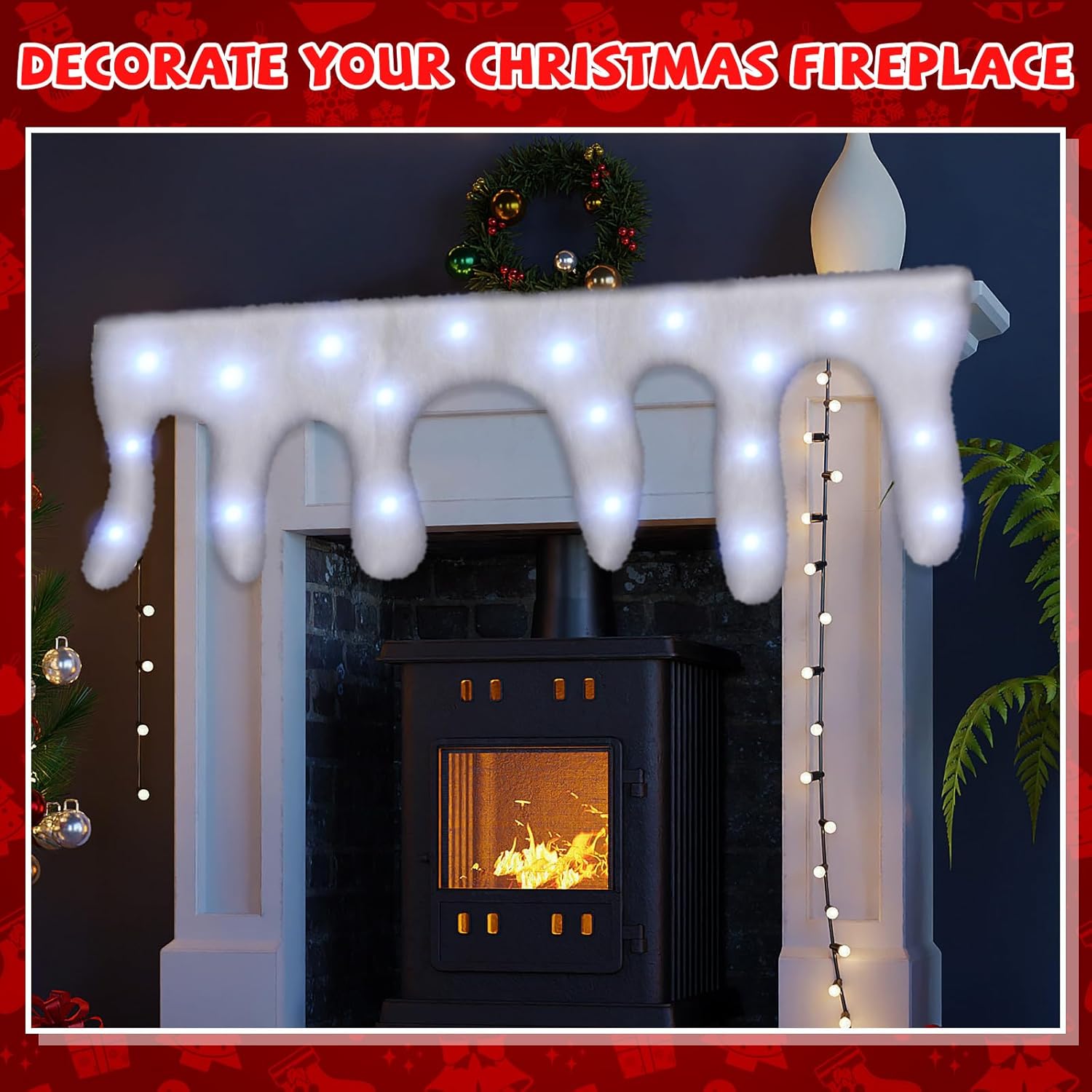 2 Pcs Christmas Snow Blanket with LED Lighted Table Runner Snow for Mantle Icicle Mantle Cover for Village Decorations Xmas Artificial Holiday Decor, 59 x 16 Inches (White Lights)
