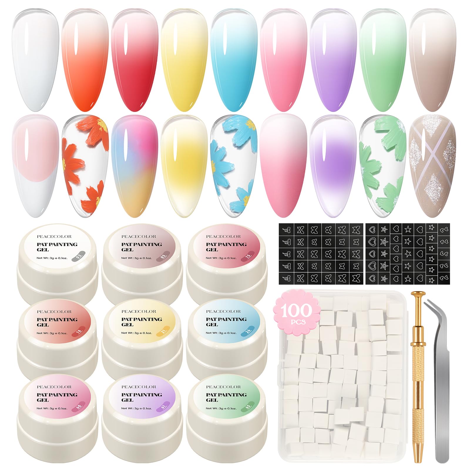 PEACECOLOR Gradient Painting Gel Nail Polish Set, 9 Colors Ombre Gel White Pink Red Yellow Spring Summer Color with Nail Sponges Metal Grabber French Manicure DIY Nail Art