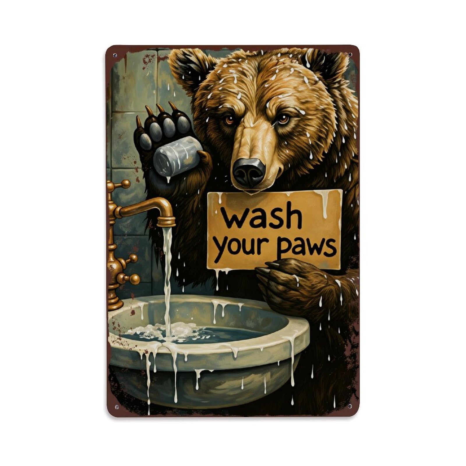 Enderetf Vintage Bear Holding Sign With Soap Tin Sign Metal Poster, Home Bar Garage Man Cave Cafe Indoor & Outdoor Wall Decoration 8X12inches