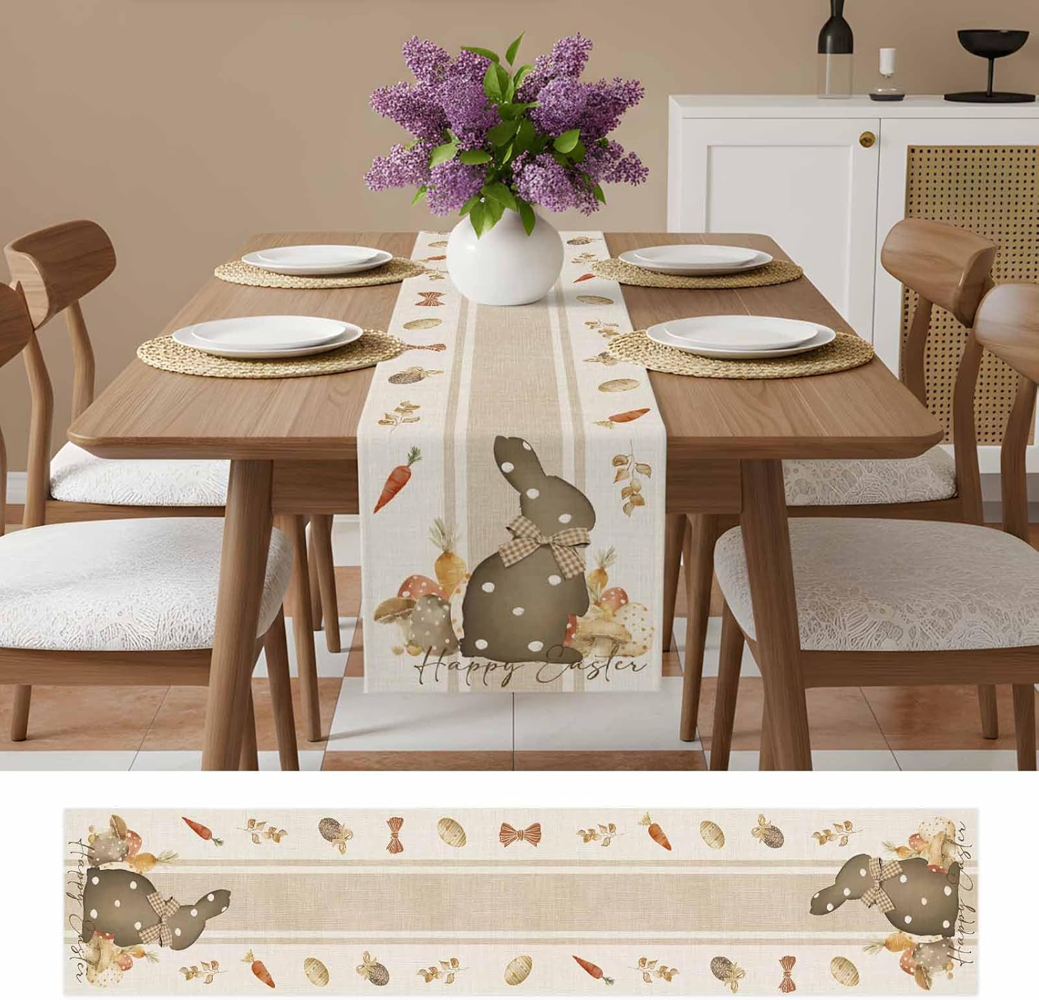 Happy Easter Table Runner 13x120 Inches Long Bunny Egg Runner for Table Carrot Rabbit Table Runners Washable Farmhouse Dresser Scarf for Kitchen Coffee Dining Seasonal Spring Holiday Party
