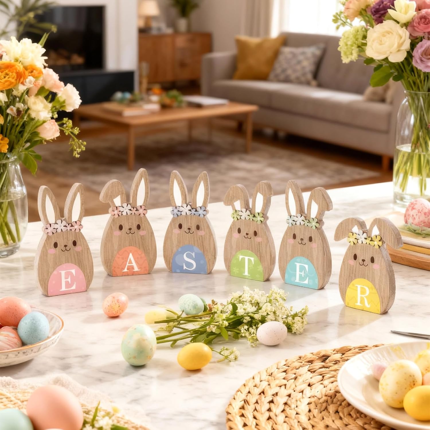 Bucherry 6 Pcs Spring Easter Bunny Table Decorations Wooden Easter Tabletop Decor Bunny Shaped Wood Centerpieces Rabbit Home Decor for Table Tiered Tray Mantle Office Party Patio Yard Decorations - Image 3
