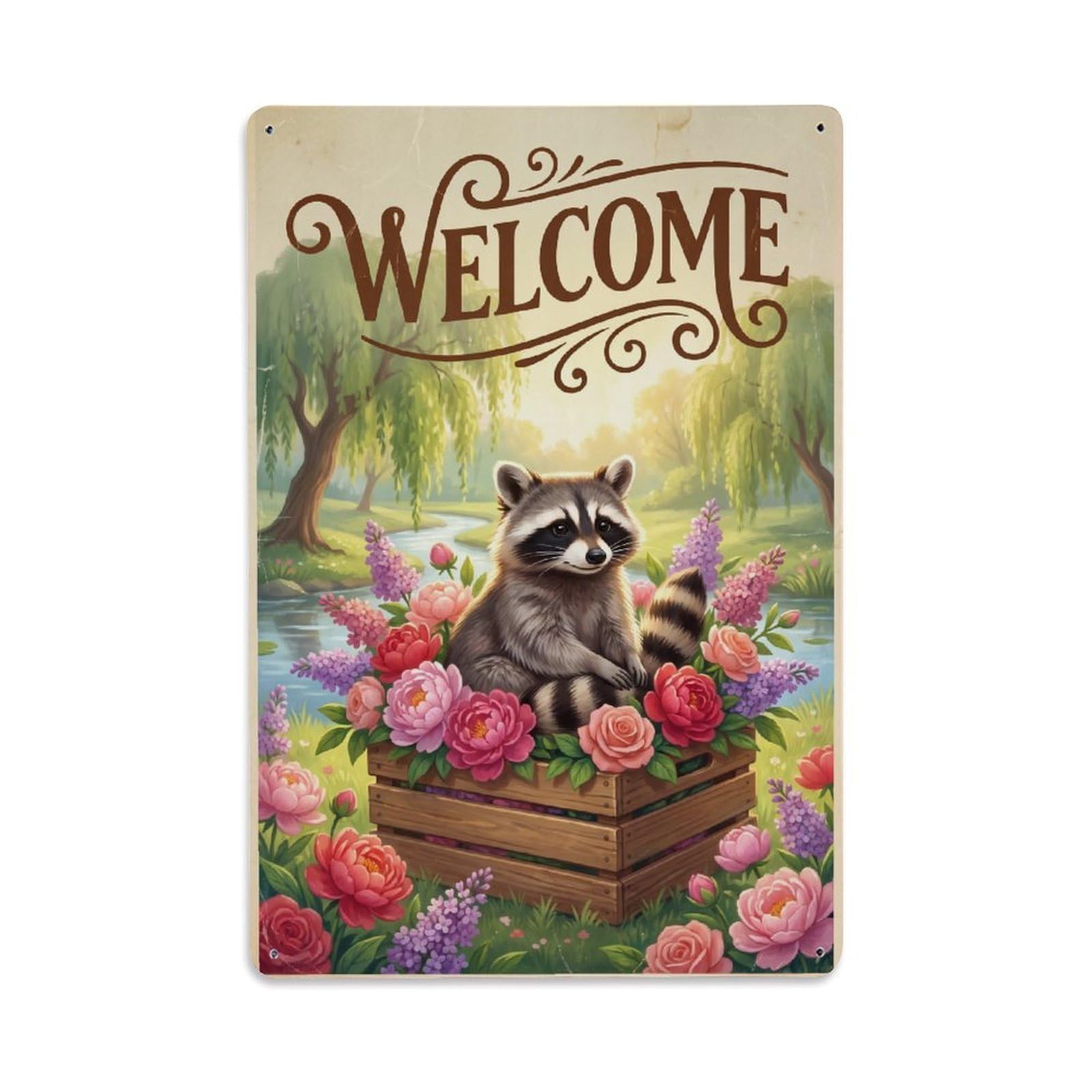 Cxhjca 8X12inch(20X30cm) Vintage Welcome Raccoon Morning Dew Metal Tin Sign