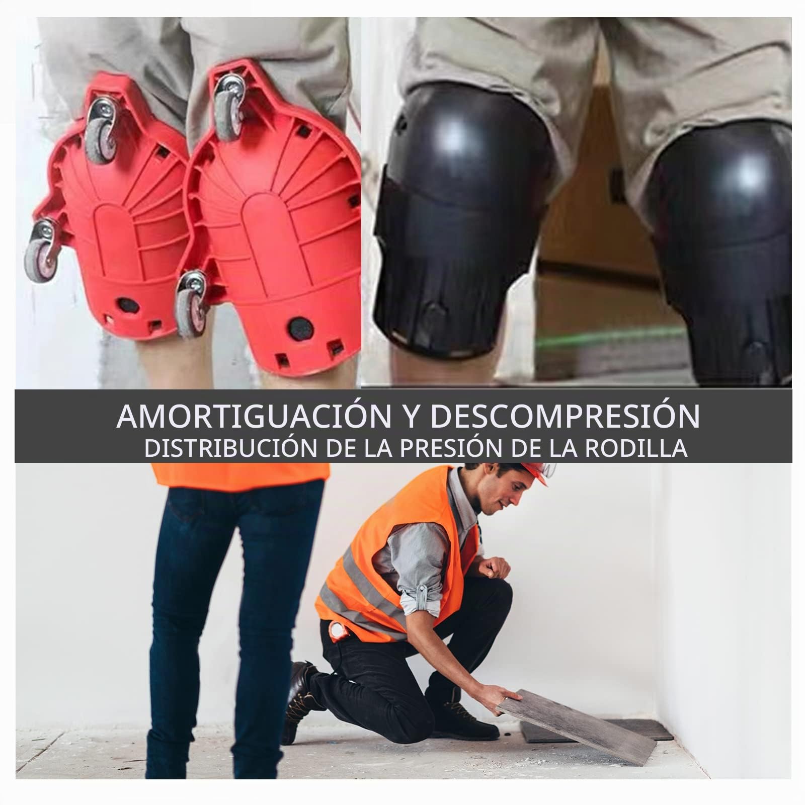 Rodilleras rodantes, 2 unidades, rodilleras que ahorran mano de obra con rueda y correa ajustable para colocar azulejos de suelo, ahorrar trabajo (rojo)