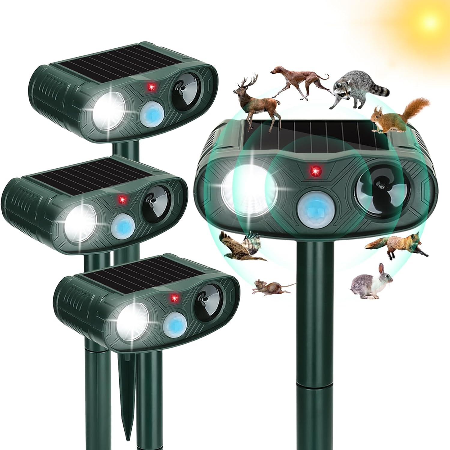 Solar Ultrasonic Cat Repellent Outdoor Deer Repellent Devices,4Pack Solar Animal Repeller Motion Detection Rabbit Raccoon Squirrel Squirrel Repellent,Deer Deterrent with LED Flash Lights for Yard
