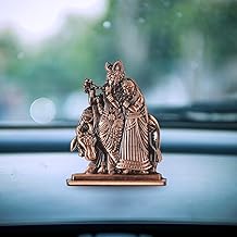 BUC Radha Krishna with Cow in Decorative Frame Idol for Car Dashboard – Copper Finish Spiritual Couple Murti for Mandir & Travel (S926-CPR)