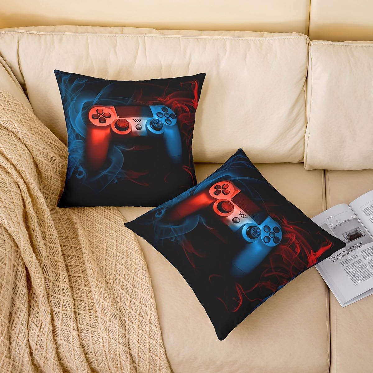 Gamepad Throw Pillow Covers 24"x24" Set of 2 Soft Gaming Pillow Cases Cushion Covers for Living Room Bedroom Game Sports Blue and Red Frog Style Decorative Throw Pillowcases for Sofa Couch Chair