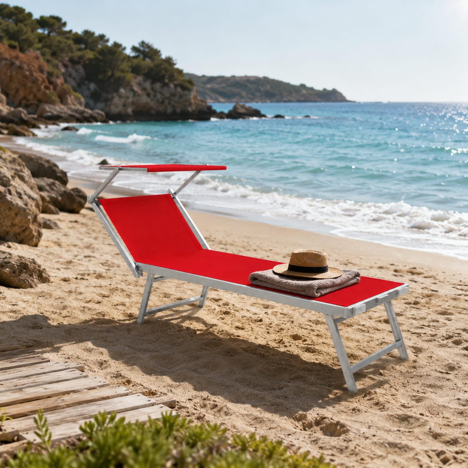 Lettino Prendisole Pieghevole Professionale In Alluminio E Tessuto Textilene Tettuccio Orientabile Tettino Parasole Sdraio Prendi Sole Mare Spiaggia Piscina Giardino 182 x 60 x 38 cm Rosa