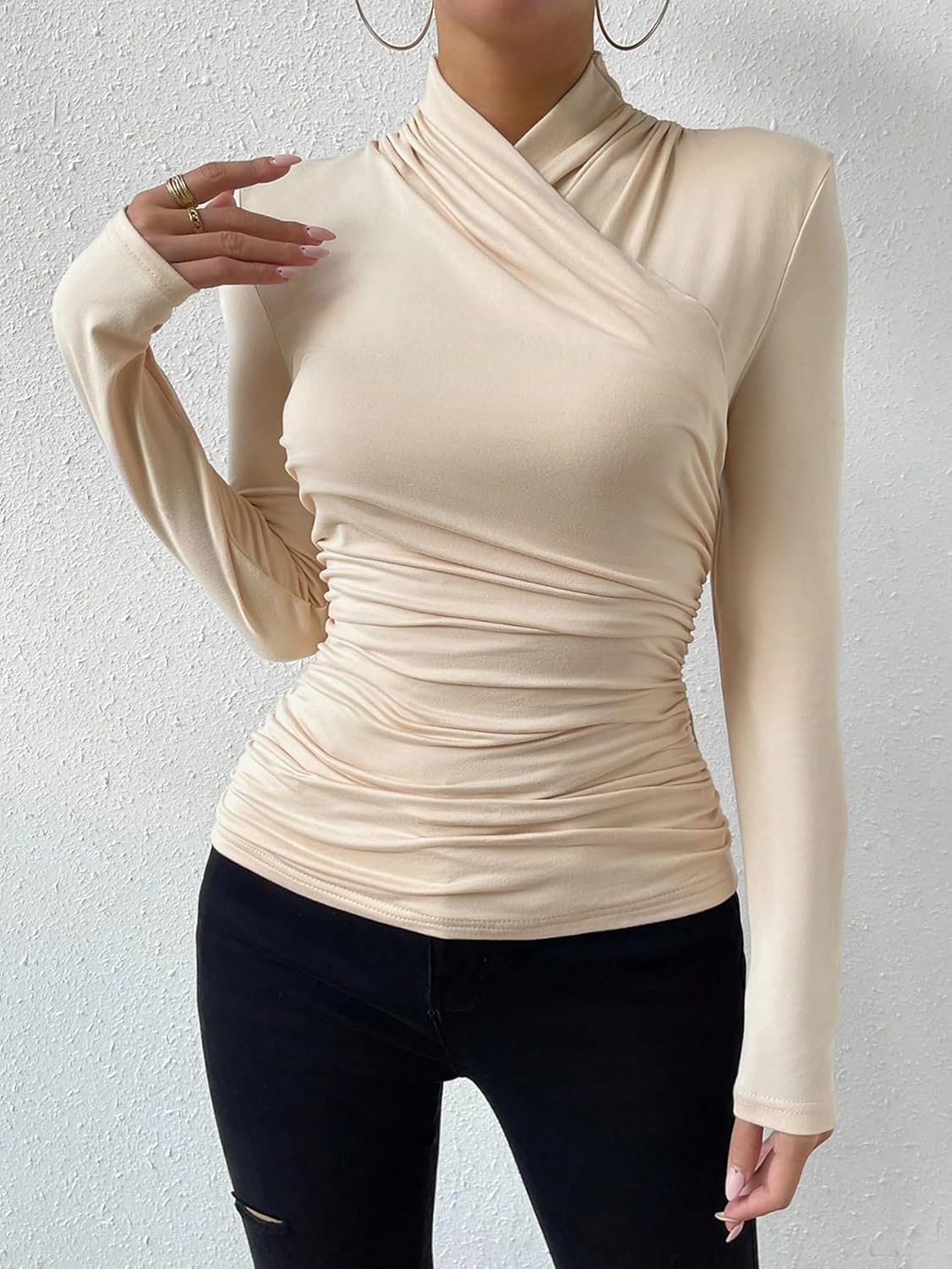 SweatyRocks Women's Ruched Mock Neck Long Sleeve T Shirt Solid Slim Fitted Tee Tops - Image 6