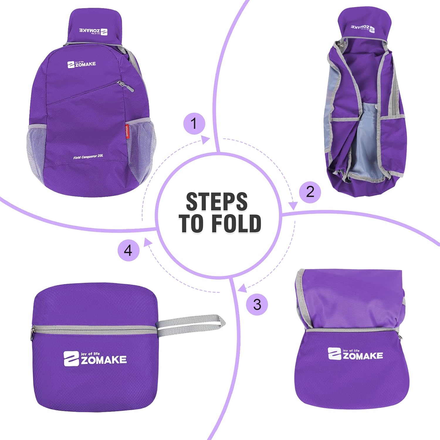 ZOMAKE Lightweight Packable Backpack 20L - Foldable Backpack Small Daypack Hiking Backpack Water-Resistant Day Bag for Travel(Purple) - Image 6