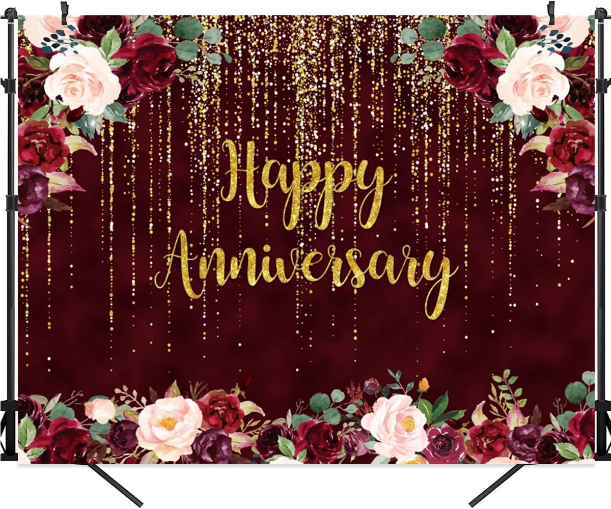 Canessioa Happy Anniversary Decorations Backdrop Happy Anniversary Banner 10x8ft Gold Burgundy Wedding Commemorative Day Photography Background Couple