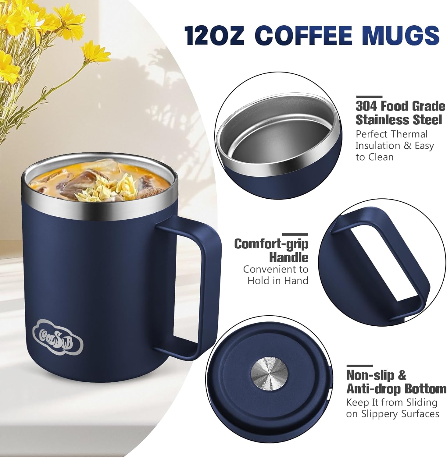 12oz Insulated Coffee Mug with Handle, Stainless Steel Wide Mouth Travel Tumblers with Lid, Double Wall Vacuum Coffee Cup for Camping, Office, Navy Blue 8 Packs
