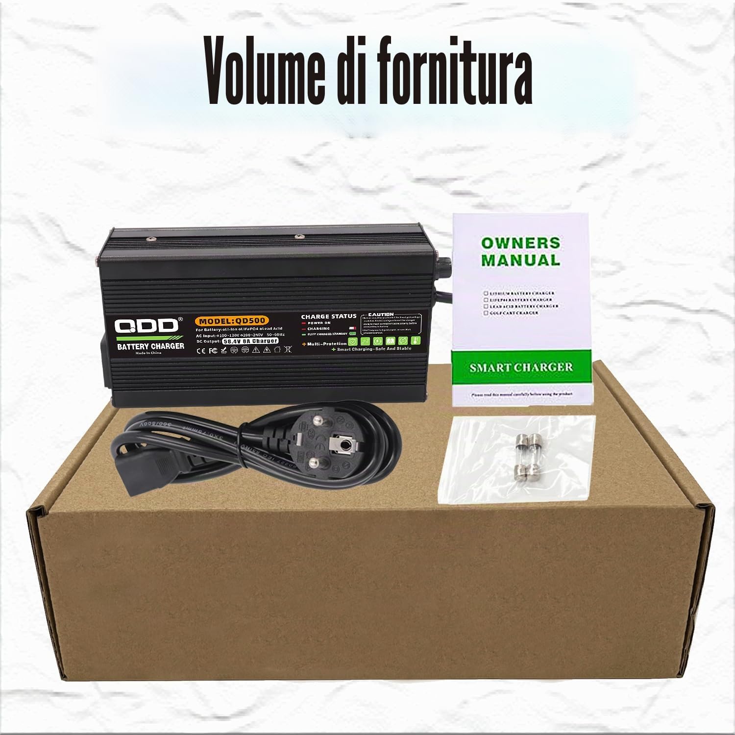 Caricabatterie LiFePO4 da 58,4 V 8 A per batteria LiFePO4 16S 48 V, alloggiamento in alluminio nero con protezione di sicurezza per sistema di raffreddamento, connettore a coccodrillo DC