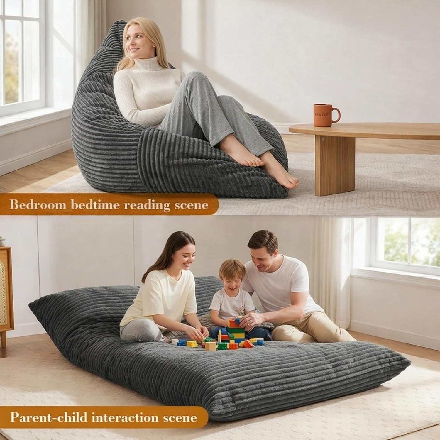 3 in 1 Giant Bean Bag Chair for Adults & Kids, Convertible Bean Bag Bed, Couch & Floor Cushion, Comfy Reading Lounge Sofa, Soft Corduroy Washable Cover for Bedroom, Living Room & Dorm, DarkGrey