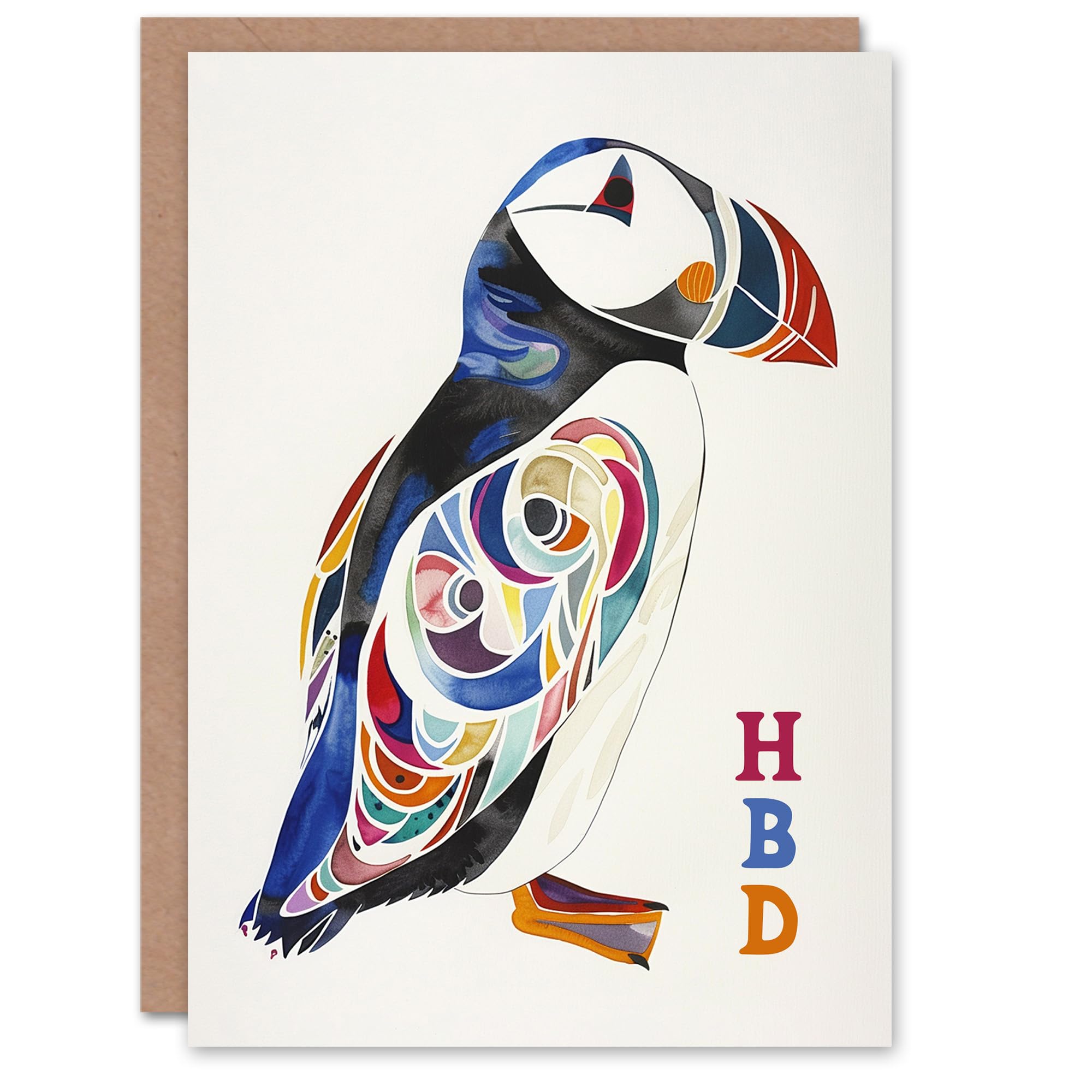 Artery8 - Birthday Card - Puffin Bird - Folk Art Pattern