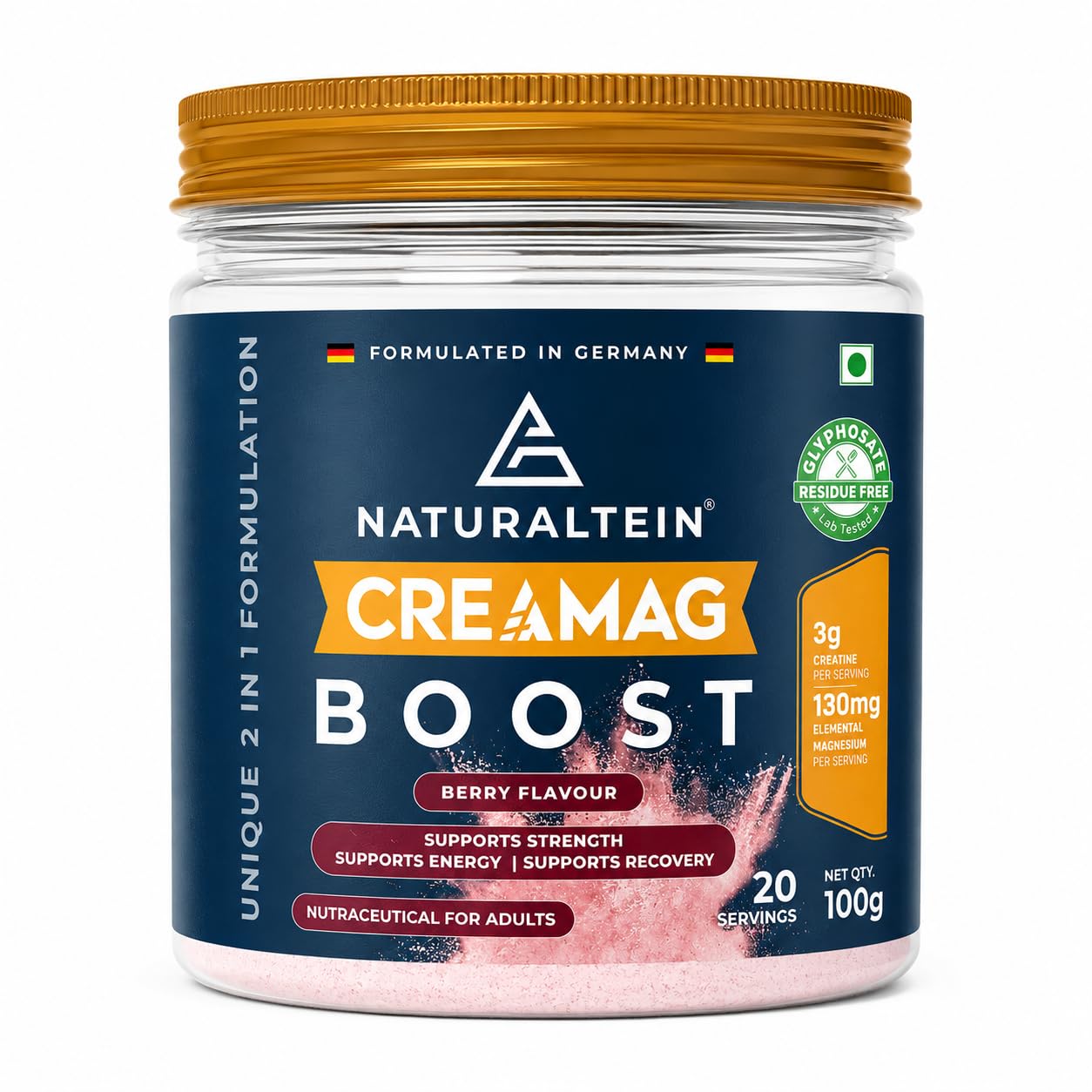 Naturaltein Creamag Boost Creatine 3g + Magnesium Bisglycinate 130mg Supplement Powder, Berry Flavour, Supports Strength, Energy & Recovery, 100g (20 Servings)