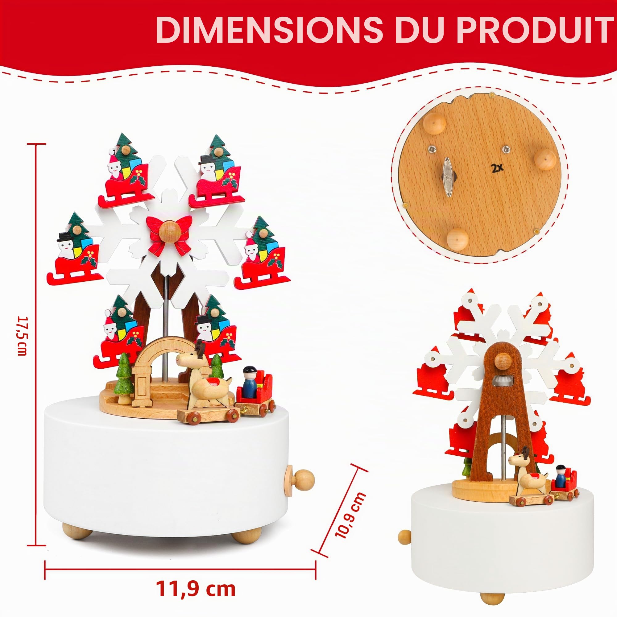 LONEEDY Boîte à musique en bois - Décoration de Noël en forme de flocon de neige - Élan personnalisé pour garçons et filles - Rotation (flocons de neige de Noël)