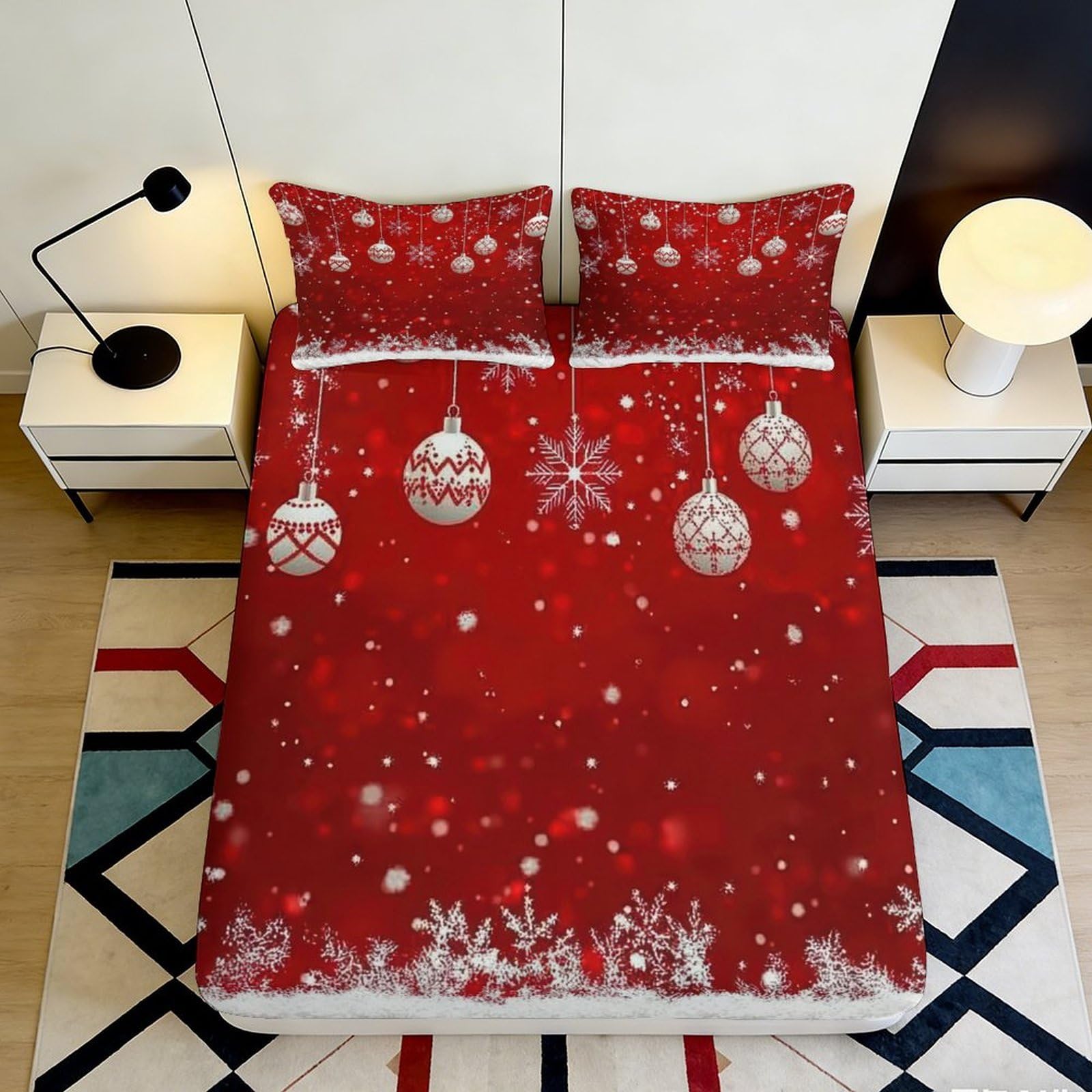 3D Printed Christmas Ornament Fitted Sheet Microfiber Red Snowflake Bed Cover for Bedroom Guest Room Decor 90x200x25cm