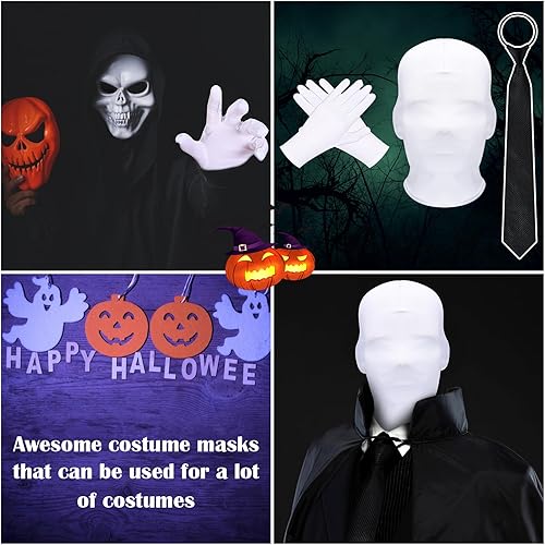 Miniatura 6 de Máscara blanca para disfraz de Halloween, máscara de cara completa y guantes de elastano, corbatas, máscara sin rostro para fiesta, cosplay, unisex
