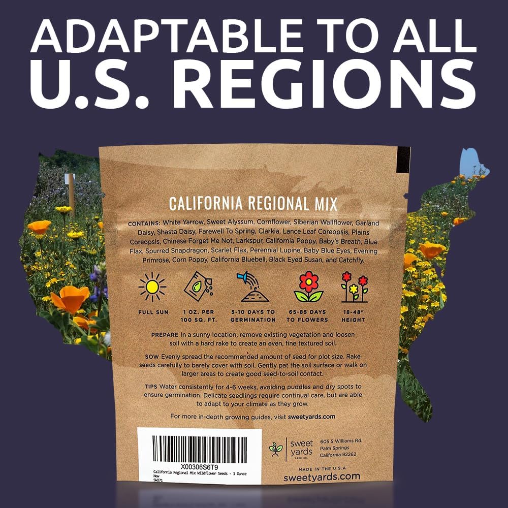 California Wildflower Mixture - Bulk 1 Ounce Packet - Over 7,000 Native Seeds - Open Pollinated and Non GMO