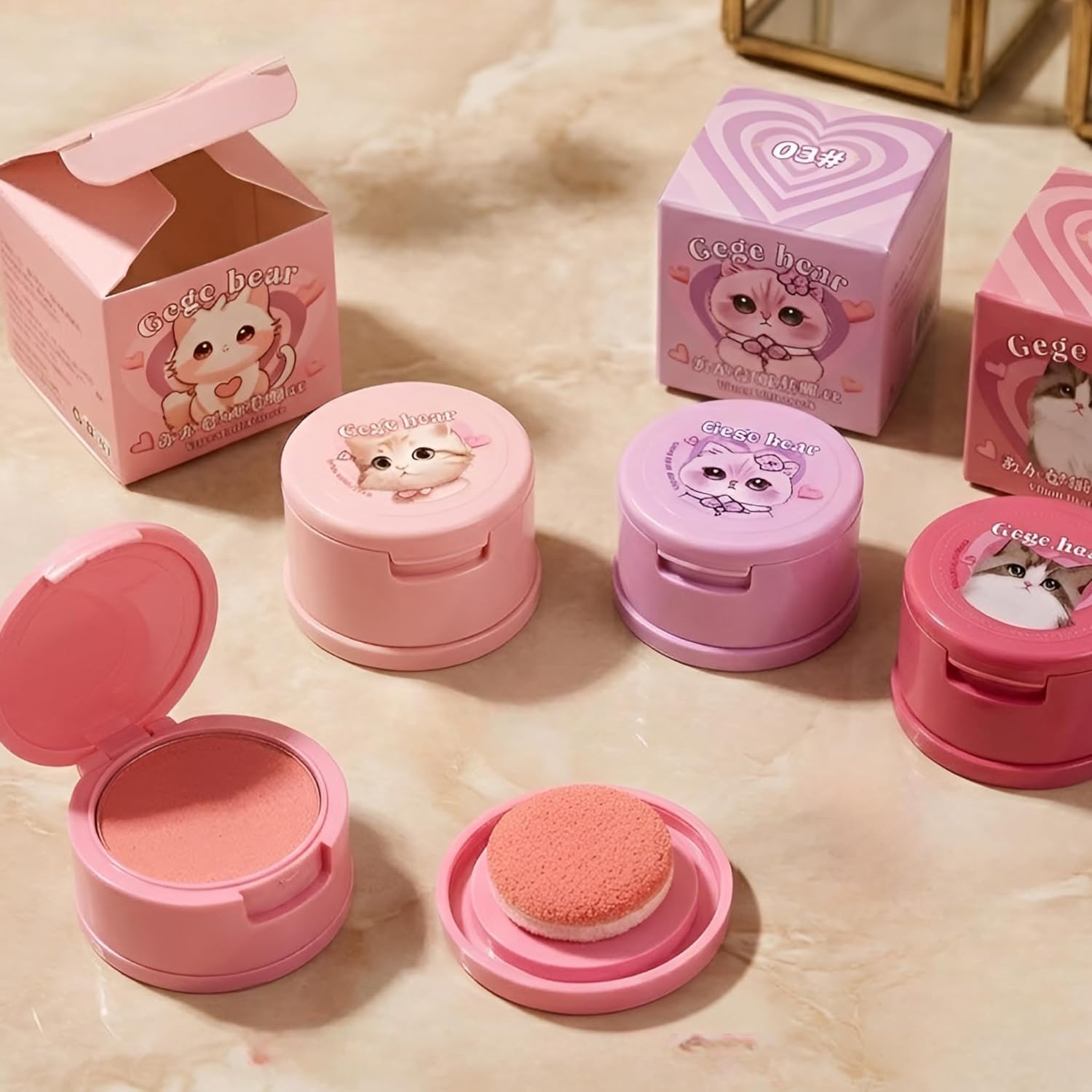 Gege Bear Mist Powder Blush | Matte Soft-Focus Finish | Ultra-Fine Silky Texture | Cute Cartoon Compact Design with Mirror & Puff Included | Long-Lasting Flushed Cheek Look | Affordable Korean-Style Blush for Makeup Lovers | Peach, Pink, Lavender & Rose Shades For Women (06#Rose Red, 4g)-image-0