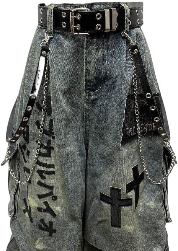 Women's Japanese Gothic Wide Leg Jeans Distressed Patchwork Denim Capri Pants Y2K Grunge Baggy Streetwear