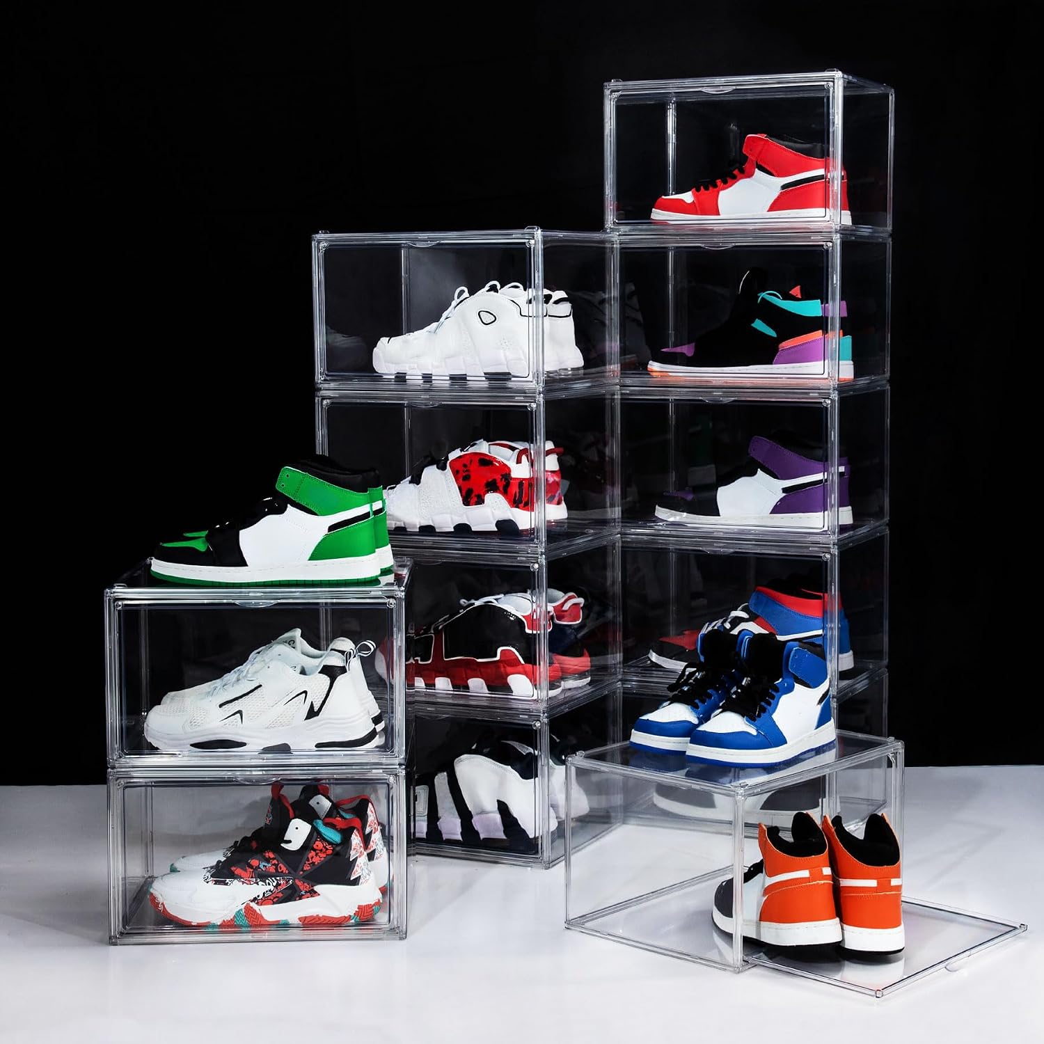 12 Pack Shoe Boxes, Clear Acrylic Stackable Plastic Sneaker Box Container, Magnetic Drop & Side Open Shoe Organizer Case Container With Lids Fits Up to Size 14 (Clear)